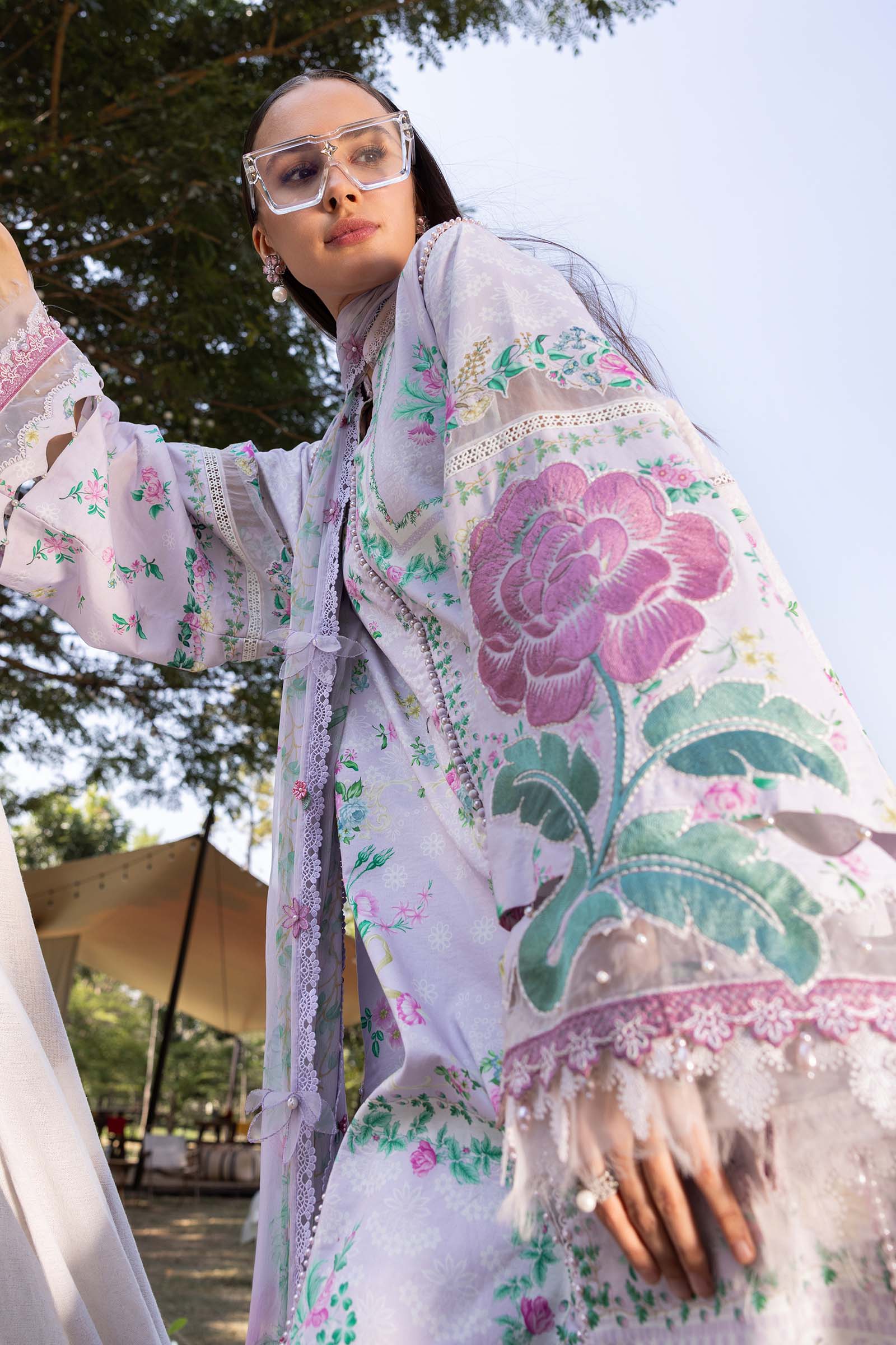 Women Wearing mpt-2904-a Lilac Long Shirt with Plazo for Festive Events - Pakistani Designer Wear for Women in UK | Kifat