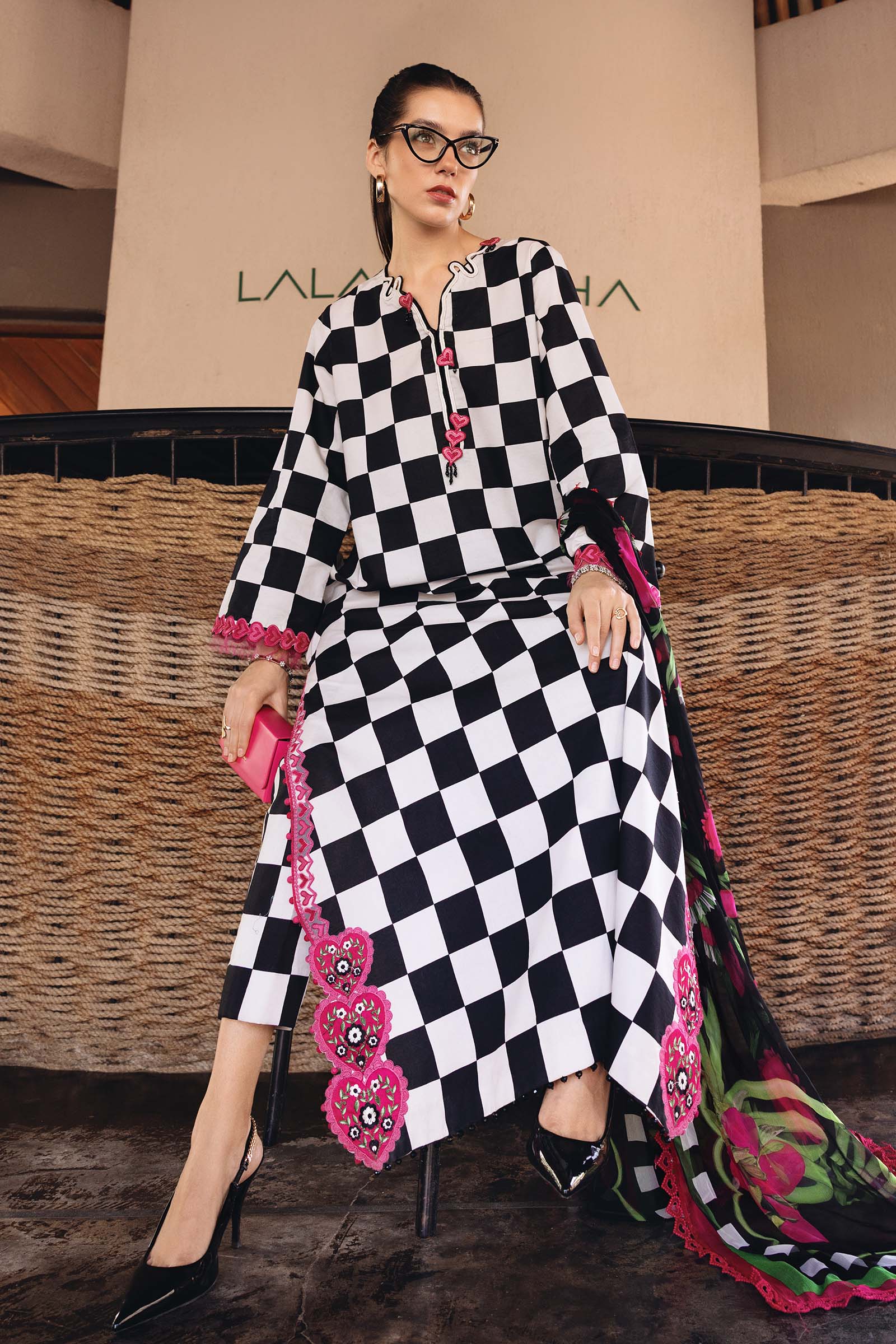 Women Wearing mpt-2906-b Off White and Black long shirt with pants for Festive Events - Pakistani Designer Wear for Women in UK | Kifat