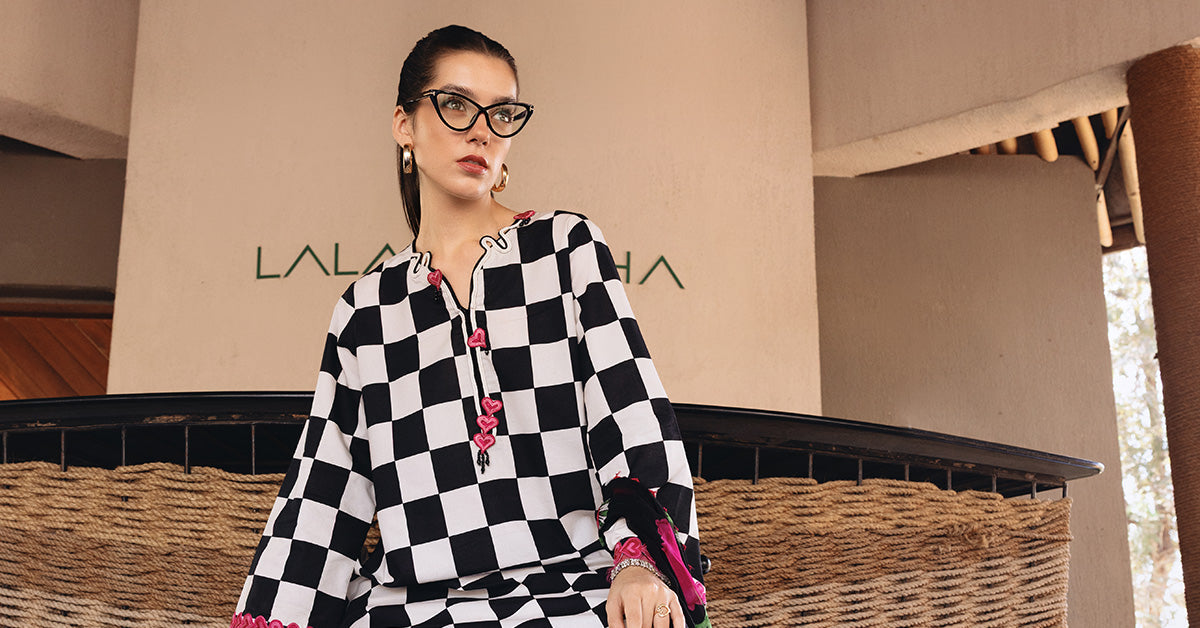 Women Wearing mpt-2906-b Off White and Black long shirt with pants for Festive Events - Pakistani Designer Wear for Women in UK | Kifat