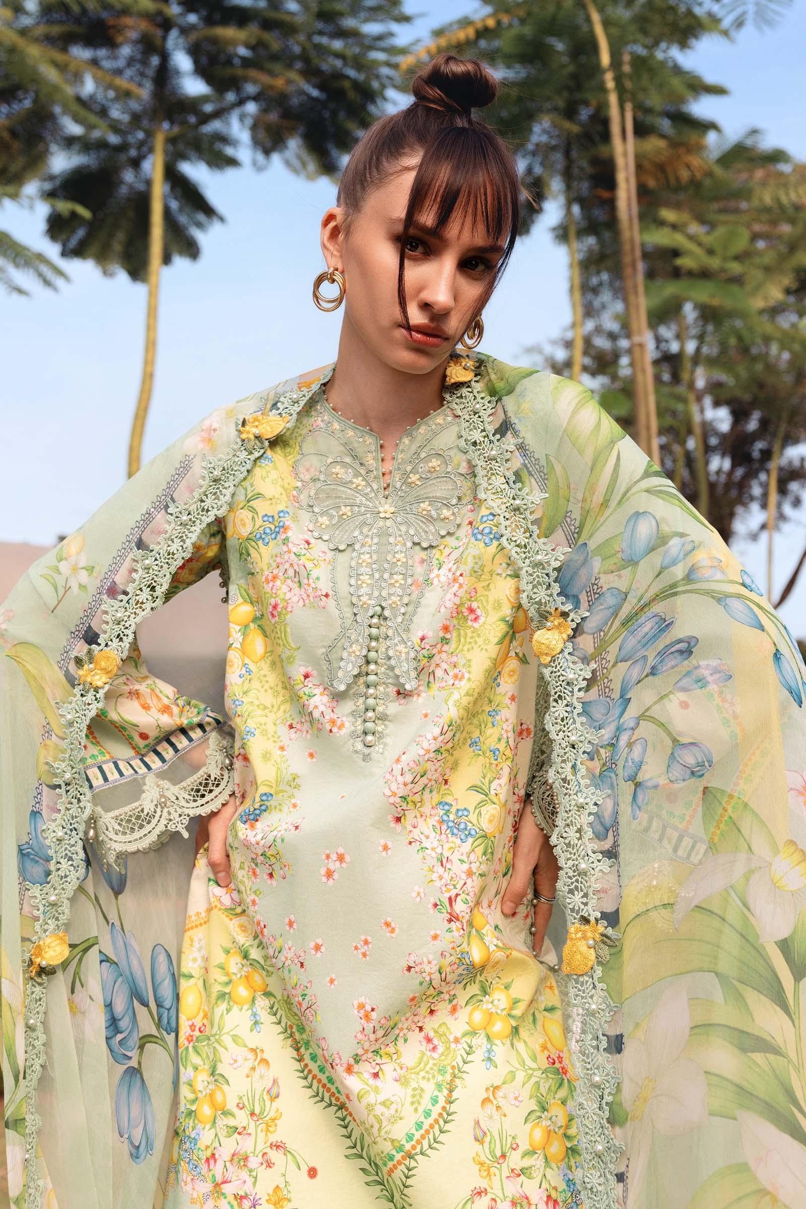 Women Wearing mpt-2908-b Pistachio Green long shirt with plazo for Festive Events - Pakistani Designer Wear for Women in UK | Kifat