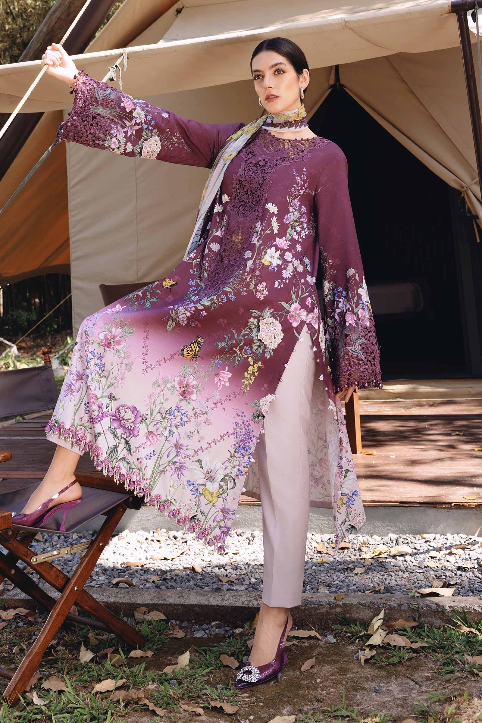 Women Wearing mpt-2909-b Plum Long shirt with pants for Festive Events - Pakistani Designer Wear for Women in UK | Kifat