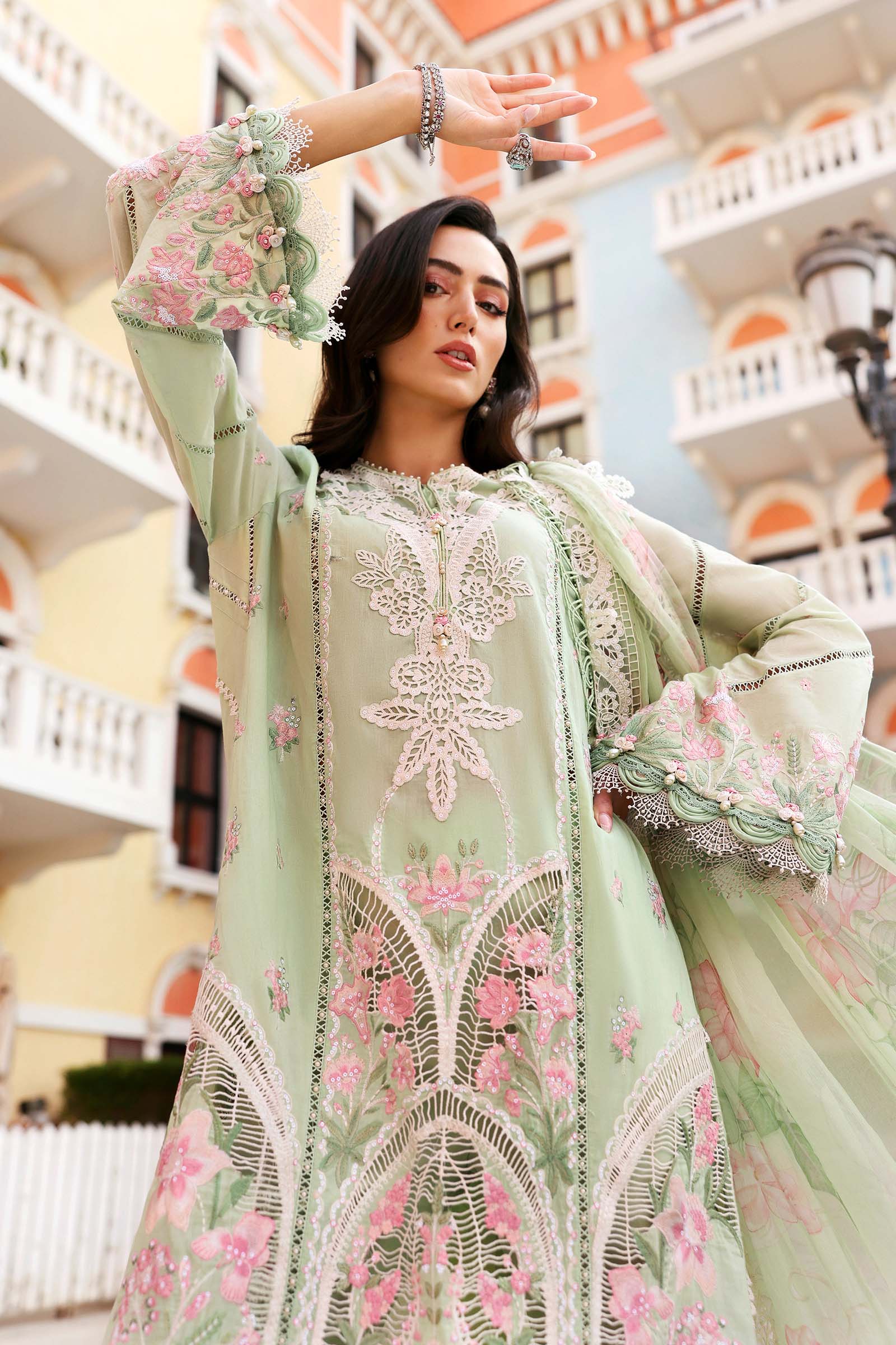 Women Wearing D-2611-A Mint Green Long Shirt For Luxury Events - Pakistani Designer Wear For Women In UK | Kifat