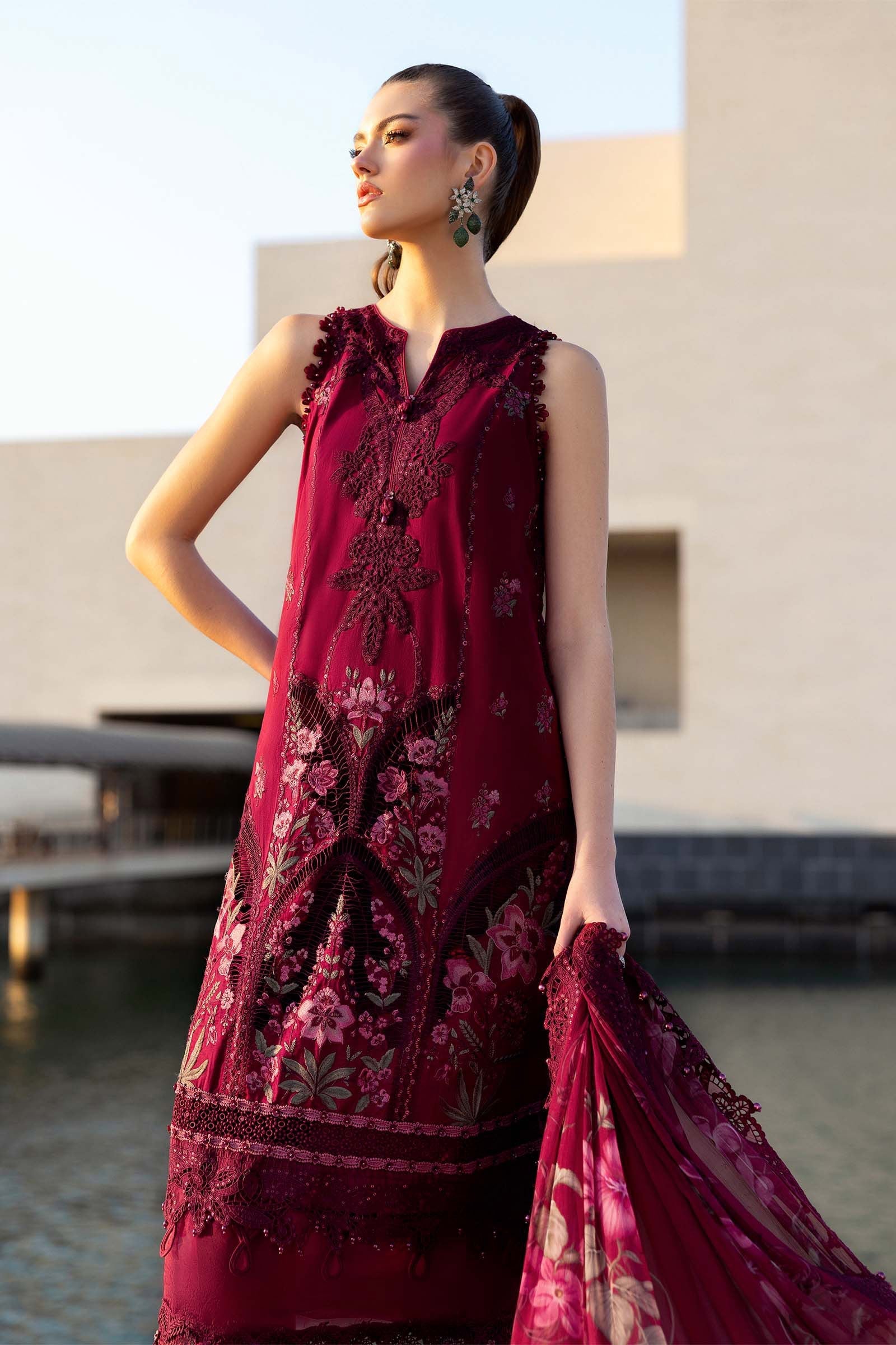 Women Wearing D-2611-B Maroon Long Shirt For Luxury Events - Pakistani Designer Wear For Women In UK | Kifat