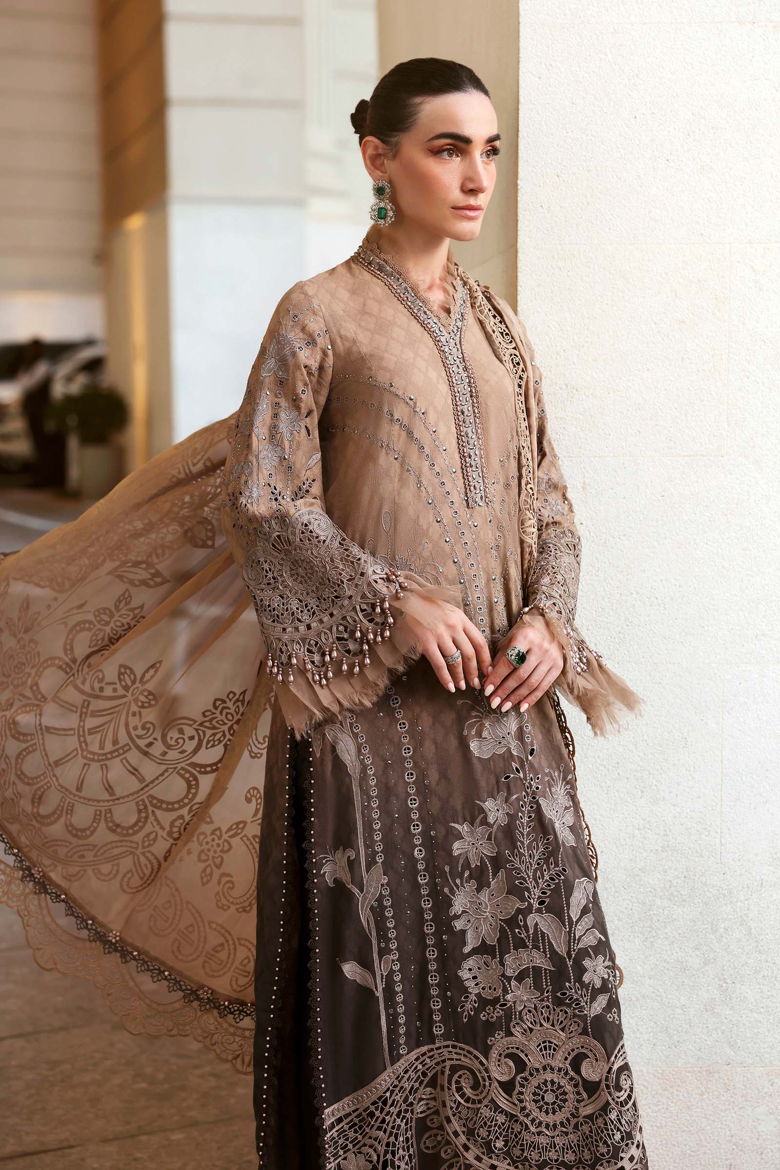 Women Wearing D-2601-A Coffee Long Shirt For Luxury Events - Pakistani Designer Wear For Women In UK | Kifat