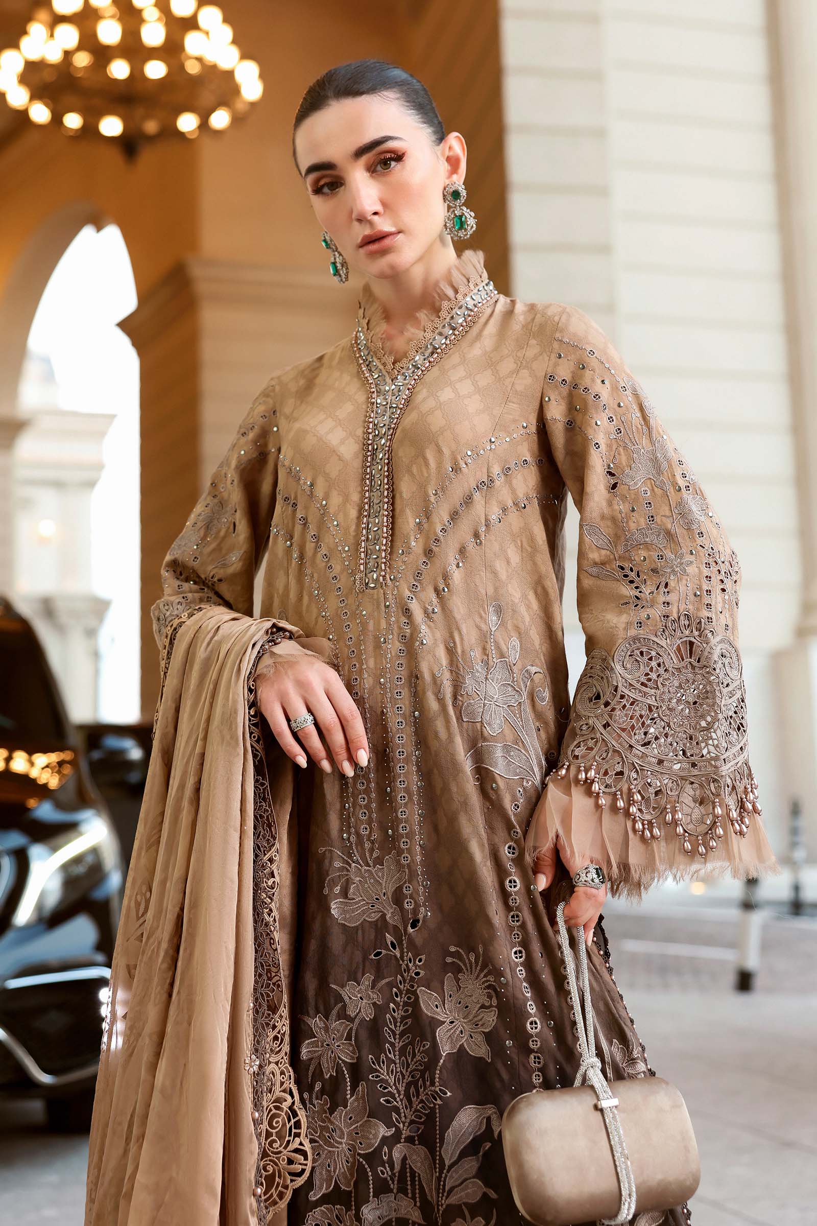 Women Wearing D-2601-A Coffee Long Shirt For Luxury Events - Pakistani Designer Wear For Women In UK | Kifat
