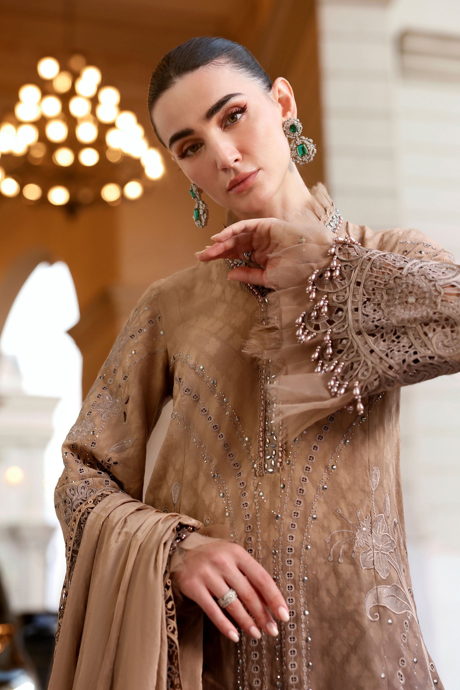Women Wearing D-2601-A Coffee Long Shirt For Luxury Events - Pakistani Designer Wear For Women In UK | Kifat
