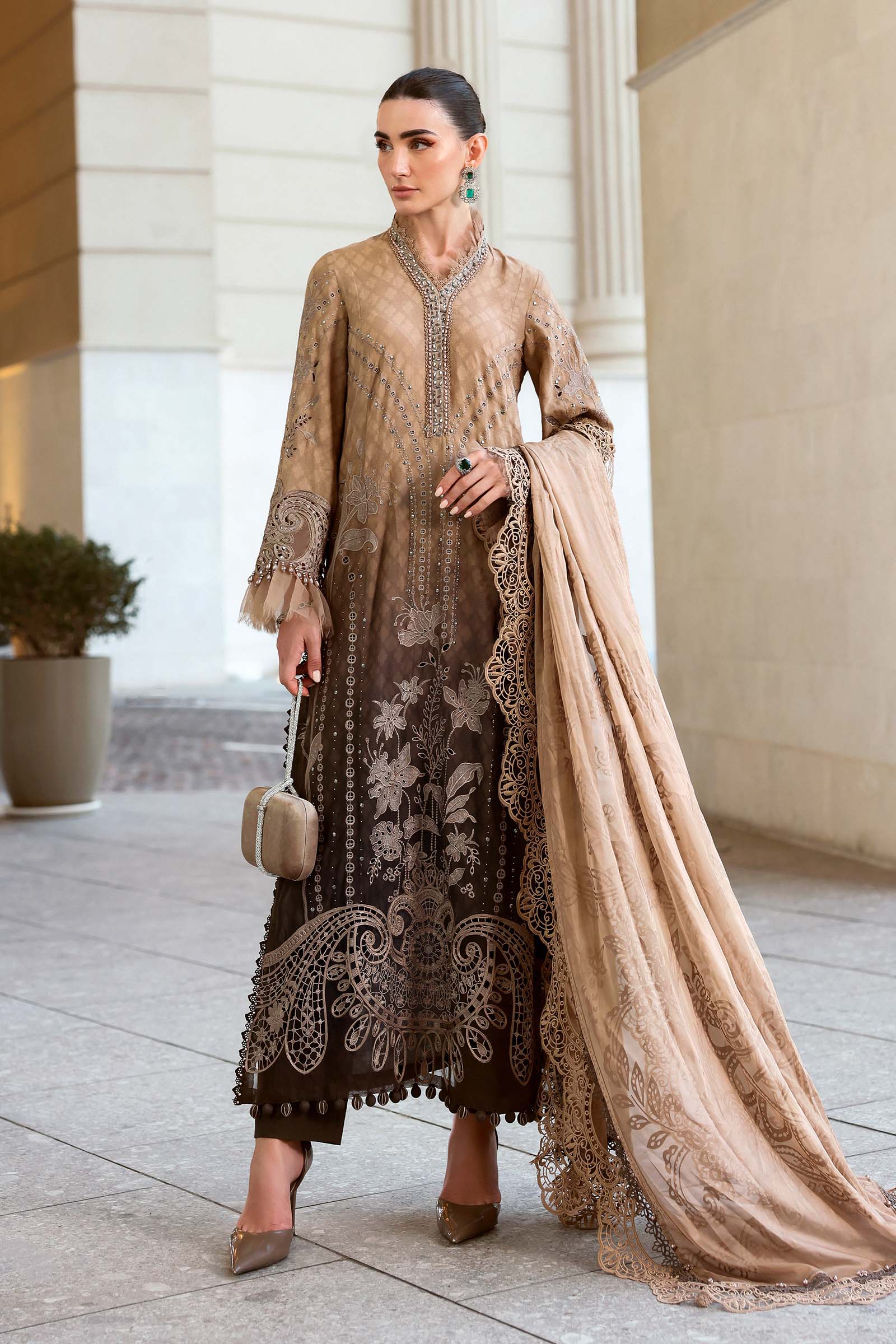 Women Wearing D-2601-A Coffee Long Shirt For Luxury Events - Pakistani Designer Wear For Women In UK | Kifat