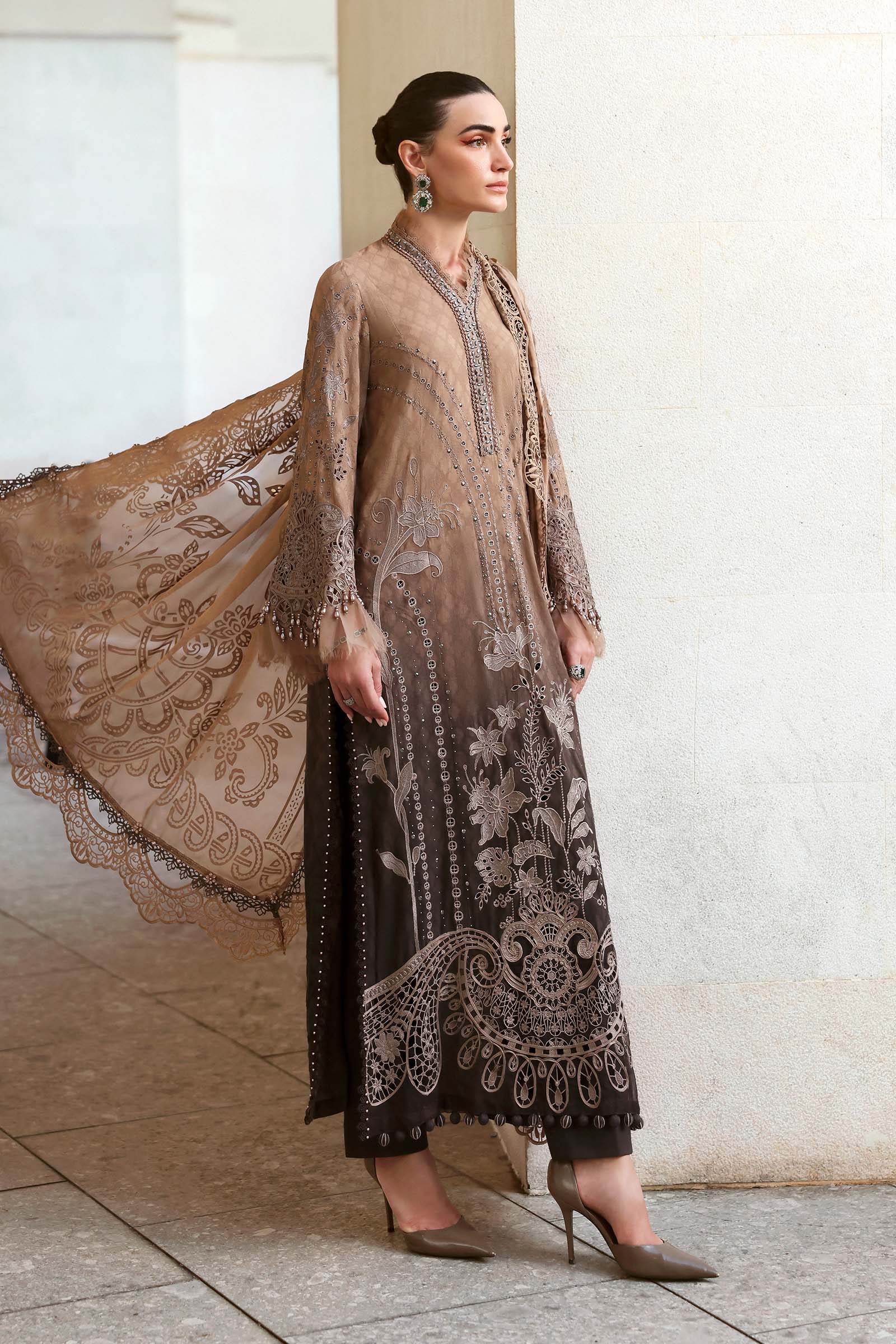 Women Wearing D-2601-A Coffee Long Shirt For Luxury Events - Pakistani Designer Wear For Women In UK | Kifat