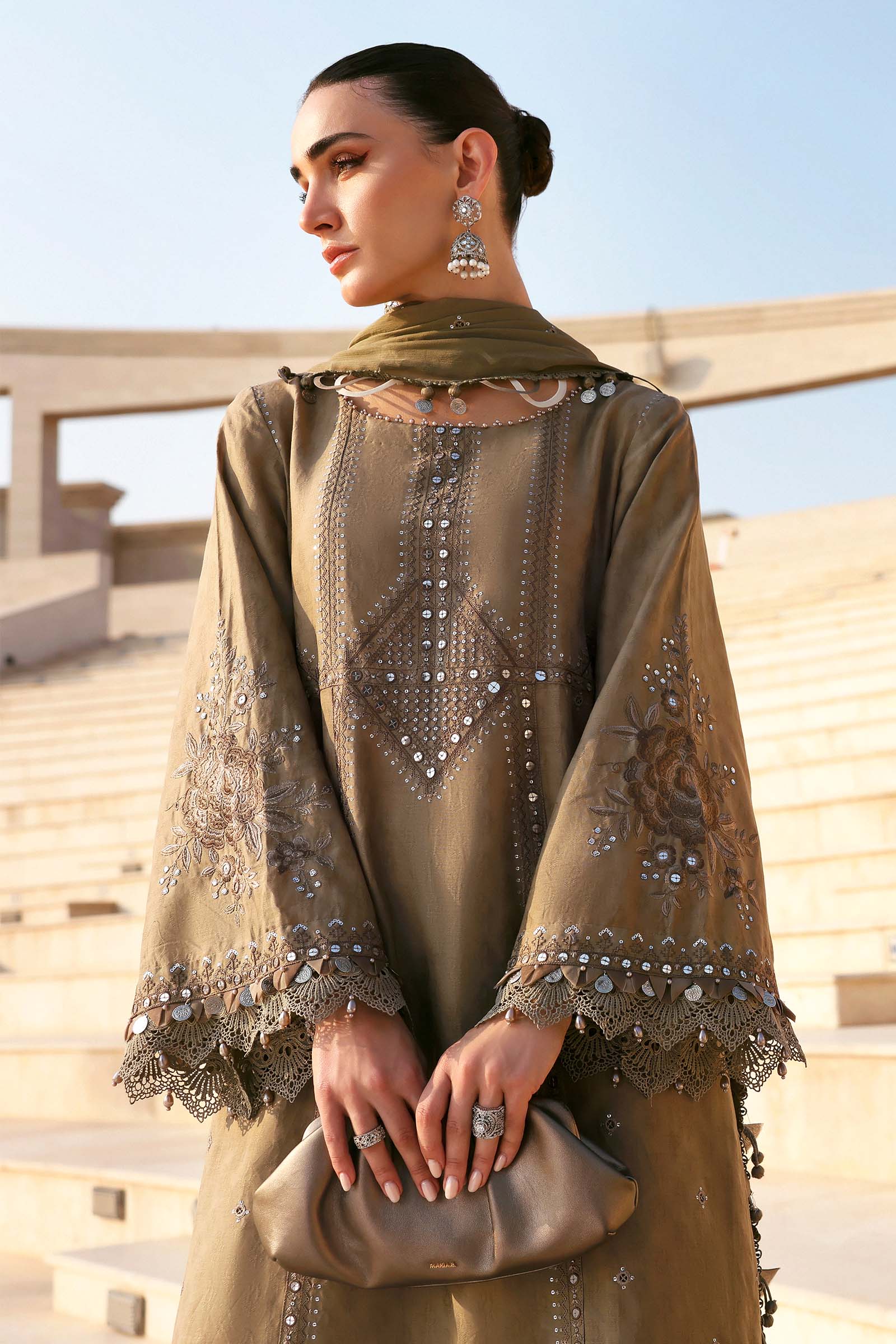 Women Wearing D-2602-A Olive Green Long Shirt For Luxury Events - Pakistani Designer Wear For Women In UK | Kifat