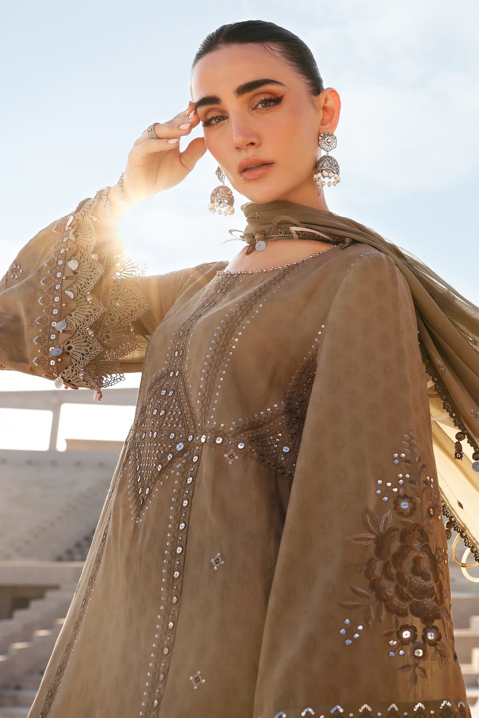Women Wearing D-2602-A Olive Green Long Shirt For Luxury Events - Pakistani Designer Wear For Women In UK | Kifat