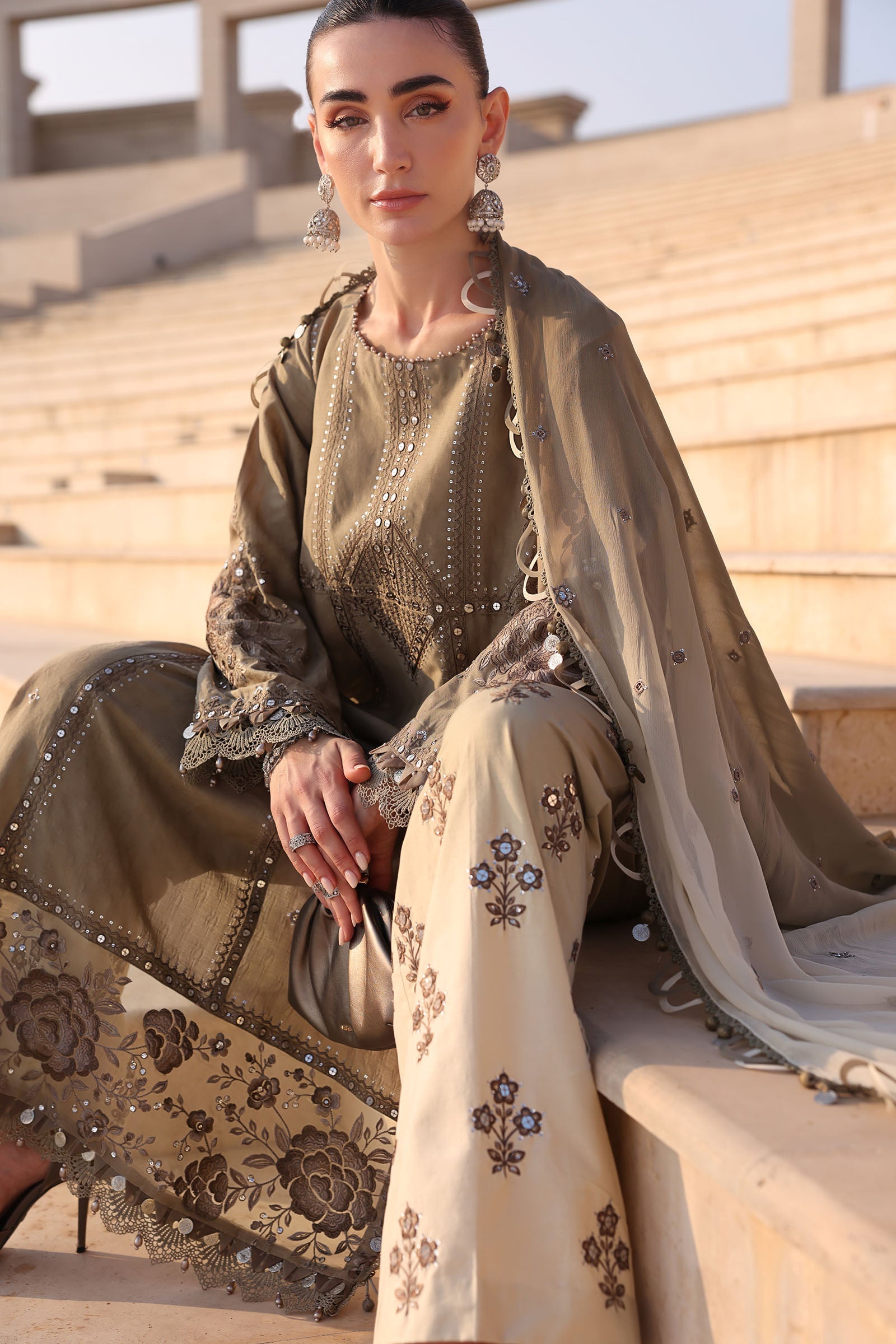 Women Wearing D-2602-A Olive Green Long Shirt For Luxury Events - Pakistani Designer Wear For Women In UK | Kifat