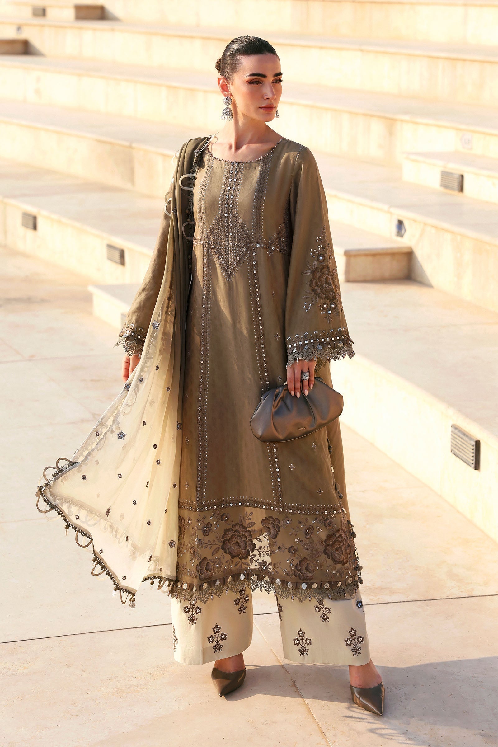Women Wearing D-2602-A Olive Green Long Shirt For Luxury Events - Pakistani Designer Wear For Women In UK | Kifat