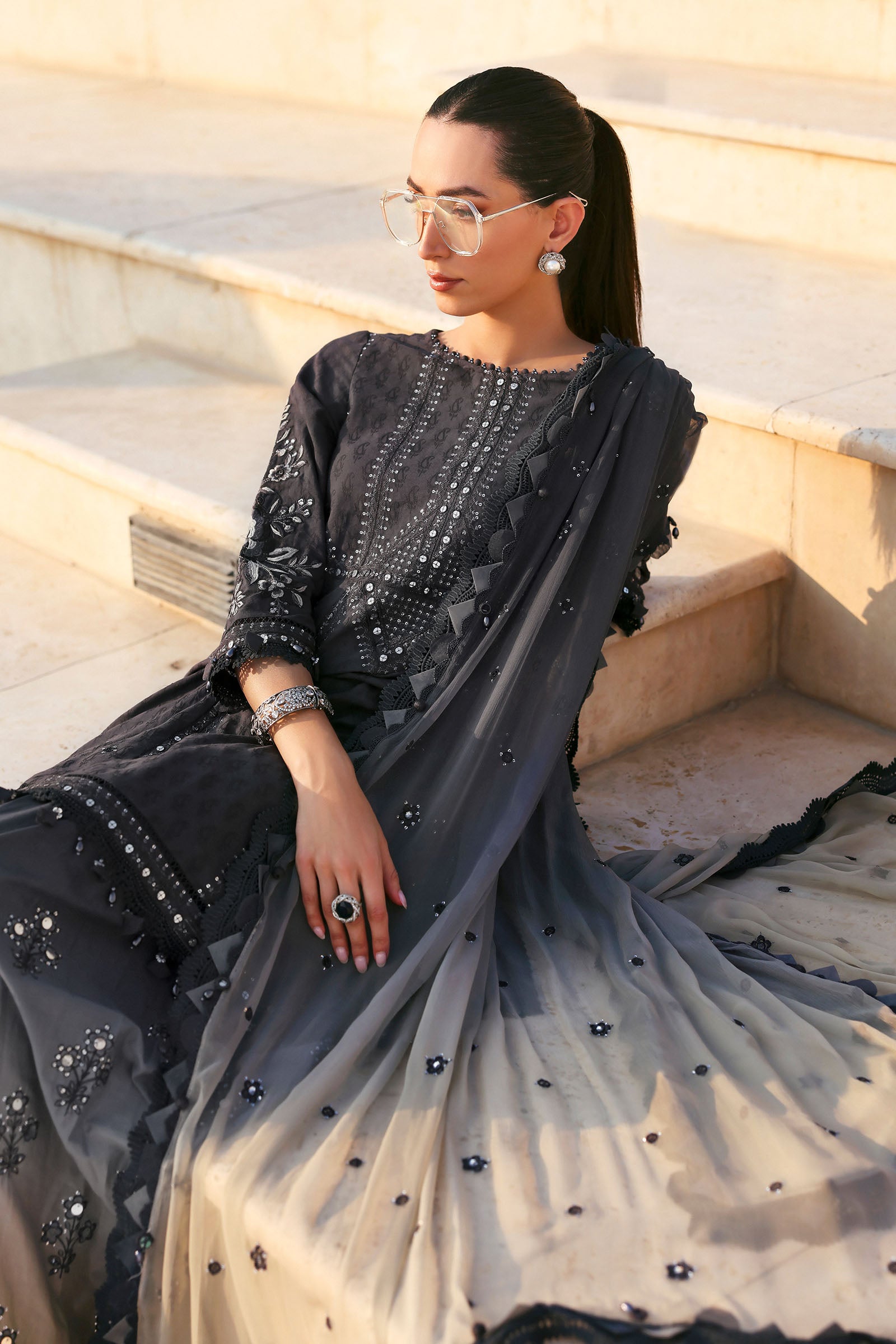 Women Wearing D-2602-B Black Long Shirt For Luxury Events - Pakistani Designer Wear For Women In UK | Kifat