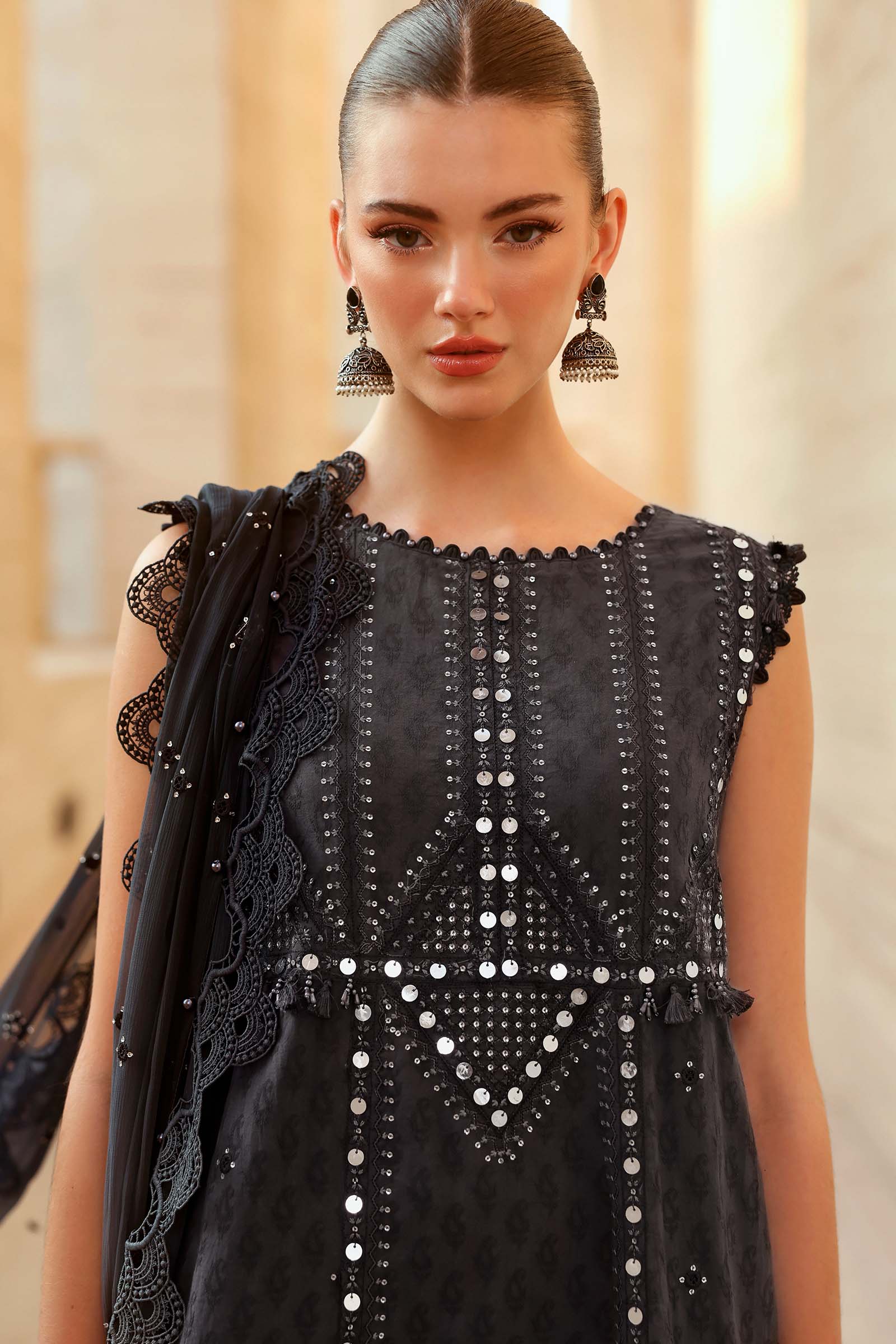 Women Wearing D-2602-B Black Long Shirt For Luxury Events - Pakistani Designer Wear For Women In UK | Kifat