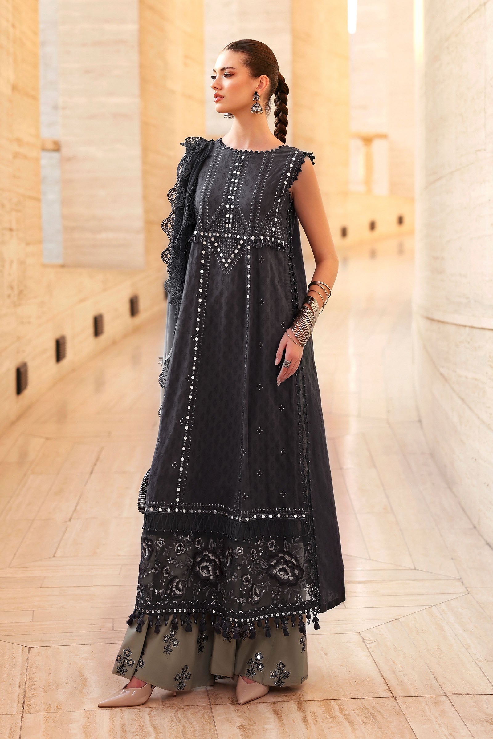 Women Wearing D-2602-B Black Long Shirt For Luxury Events - Pakistani Designer Wear For Women In UK | Kifat