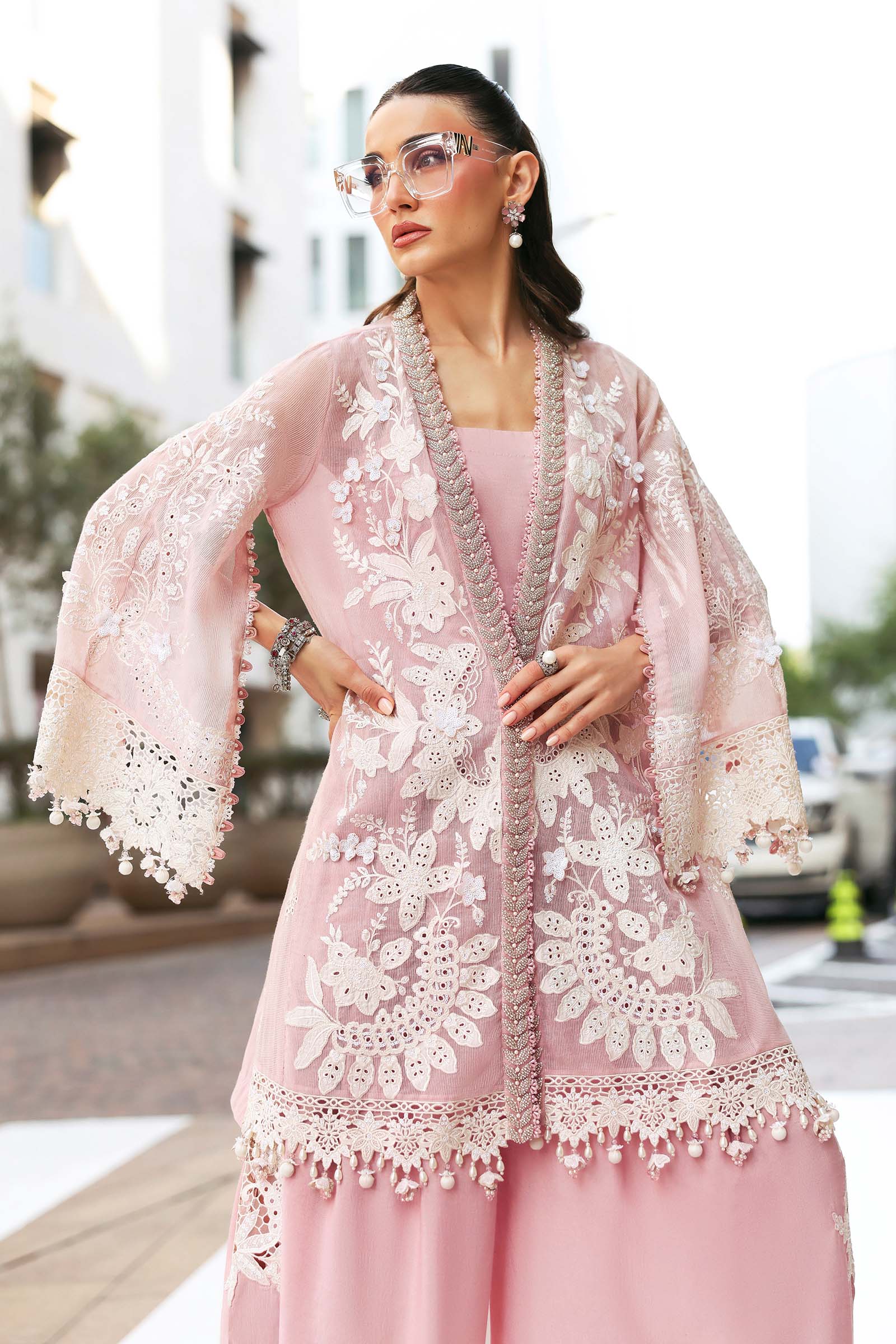 Women Wearing D-2603-A Pink Short Open Jacket For Luxury Events - Pakistani Designer Wear For Women In UK | Kifat