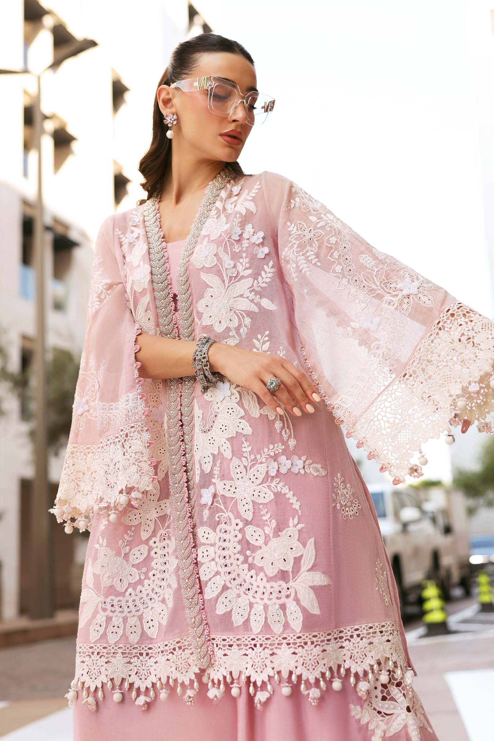 Women Wearing D-2603-A Pink Short Open Jacket For Luxury Events - Pakistani Designer Wear For Women In UK | Kifat