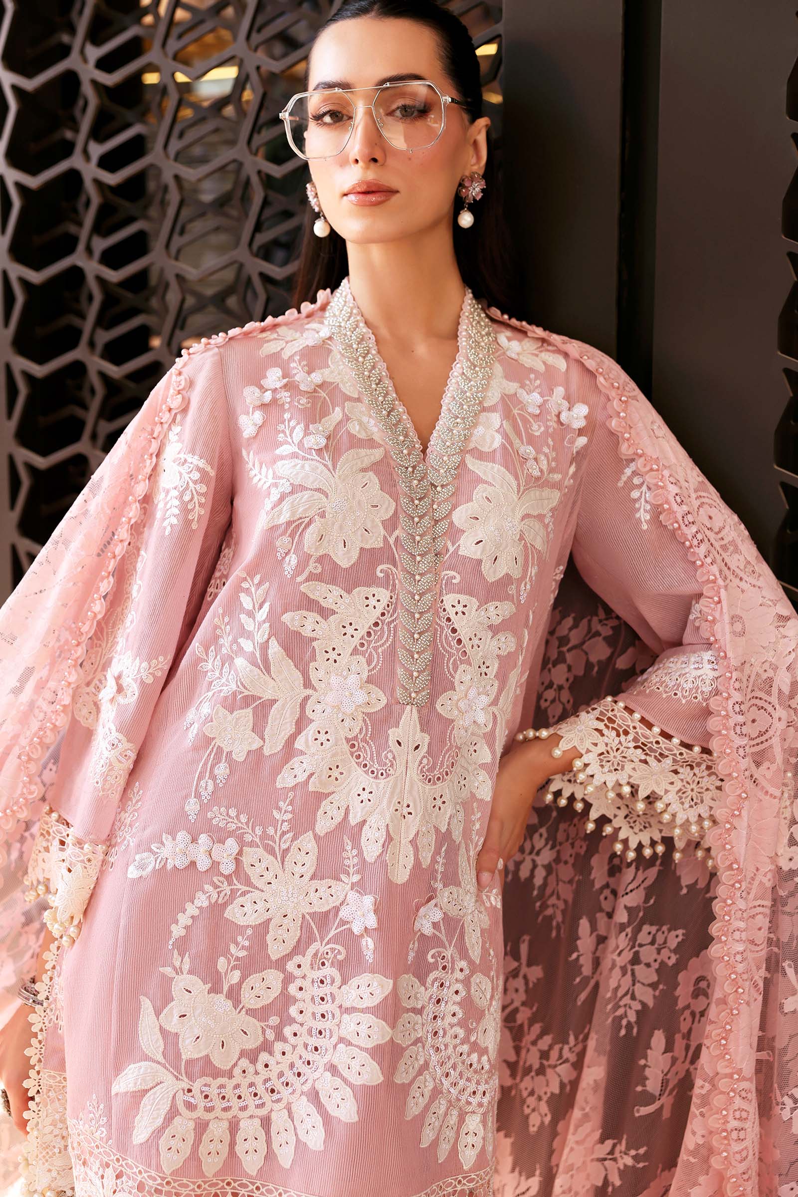 Women Wearing D-2603-A Pink Short Open Jacket For Luxury Events - Pakistani Designer Wear For Women In UK | Kifat