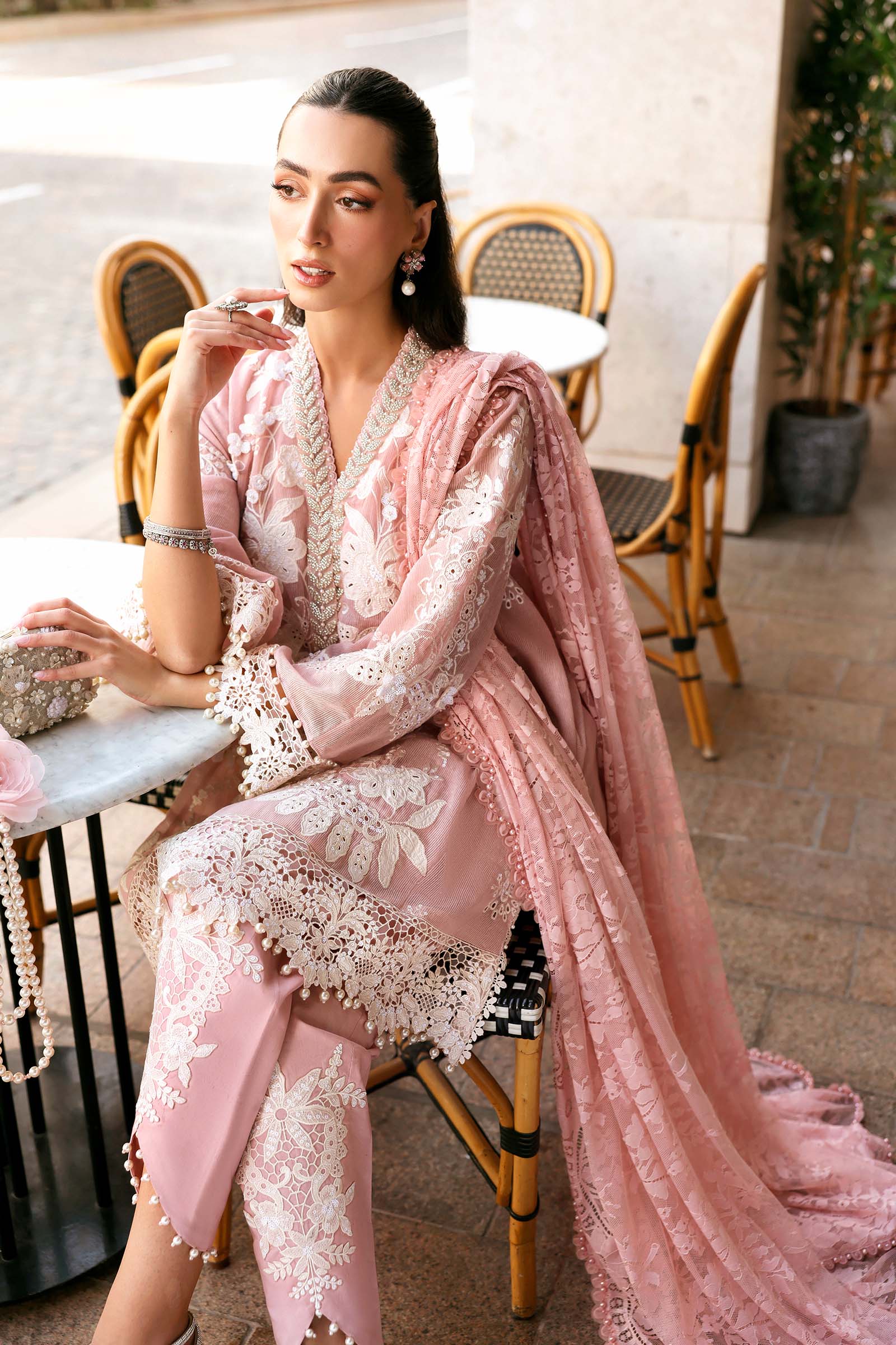 Women Wearing D-2603-A Pink Short Open Jacket For Luxury Events - Pakistani Designer Wear For Women In UK | Kifat