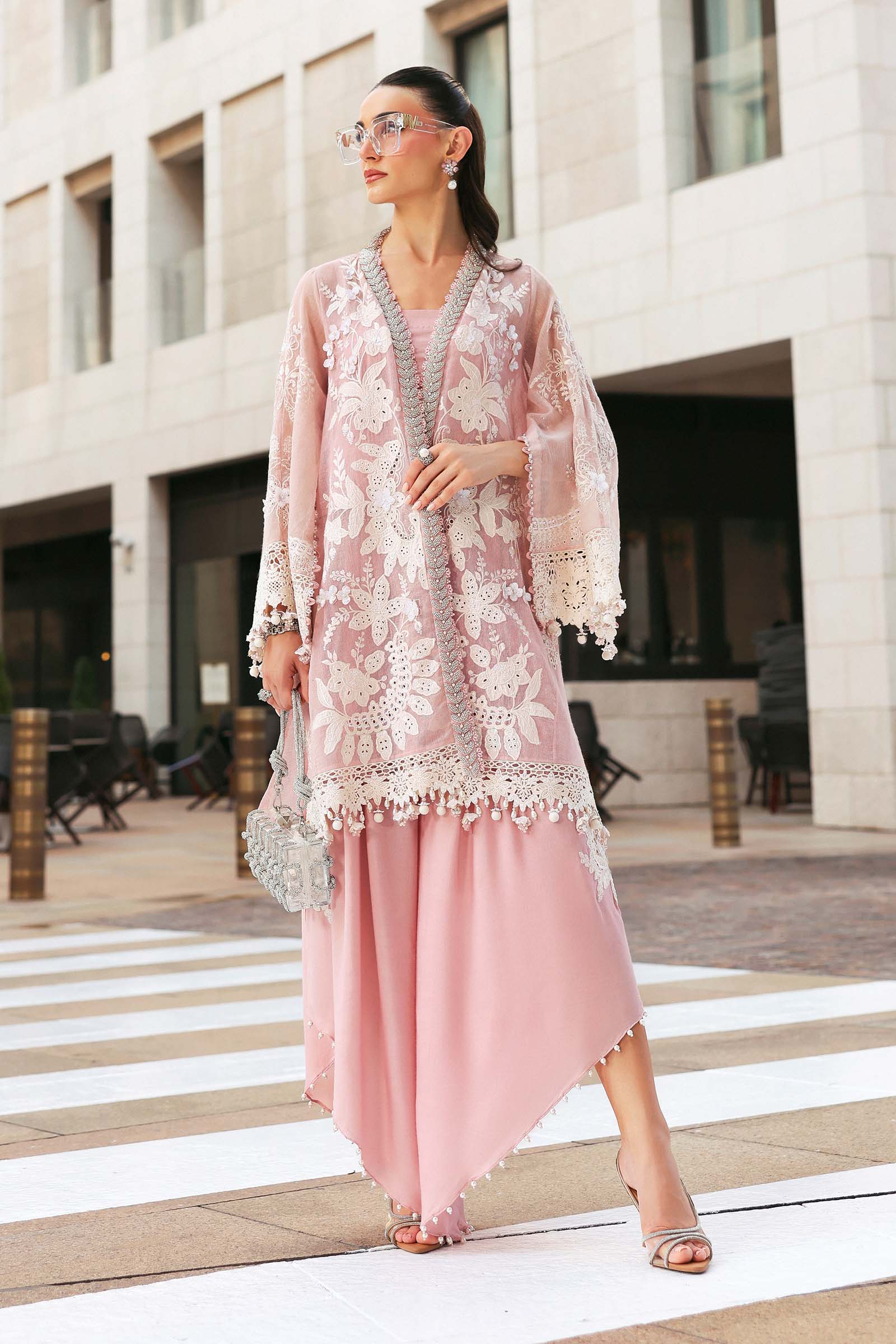 Women Wearing D-2603-A Pink Short Open Jacket For Luxury Events - Pakistani Designer Wear For Women In UK | Kifat