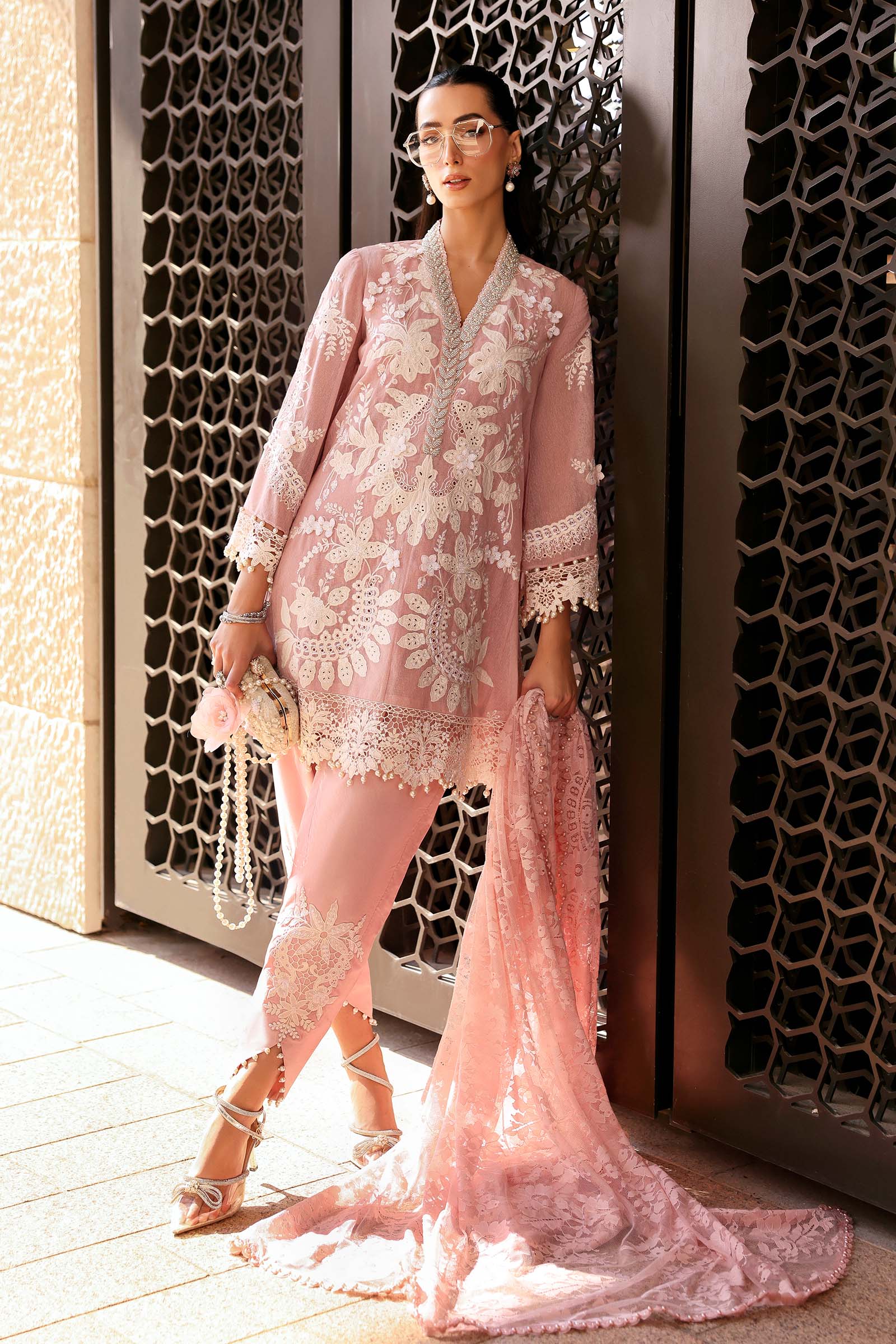 Women Wearing D-2603-A Pink Short Open Jacket For Luxury Events - Pakistani Designer Wear For Women In UK | Kifat