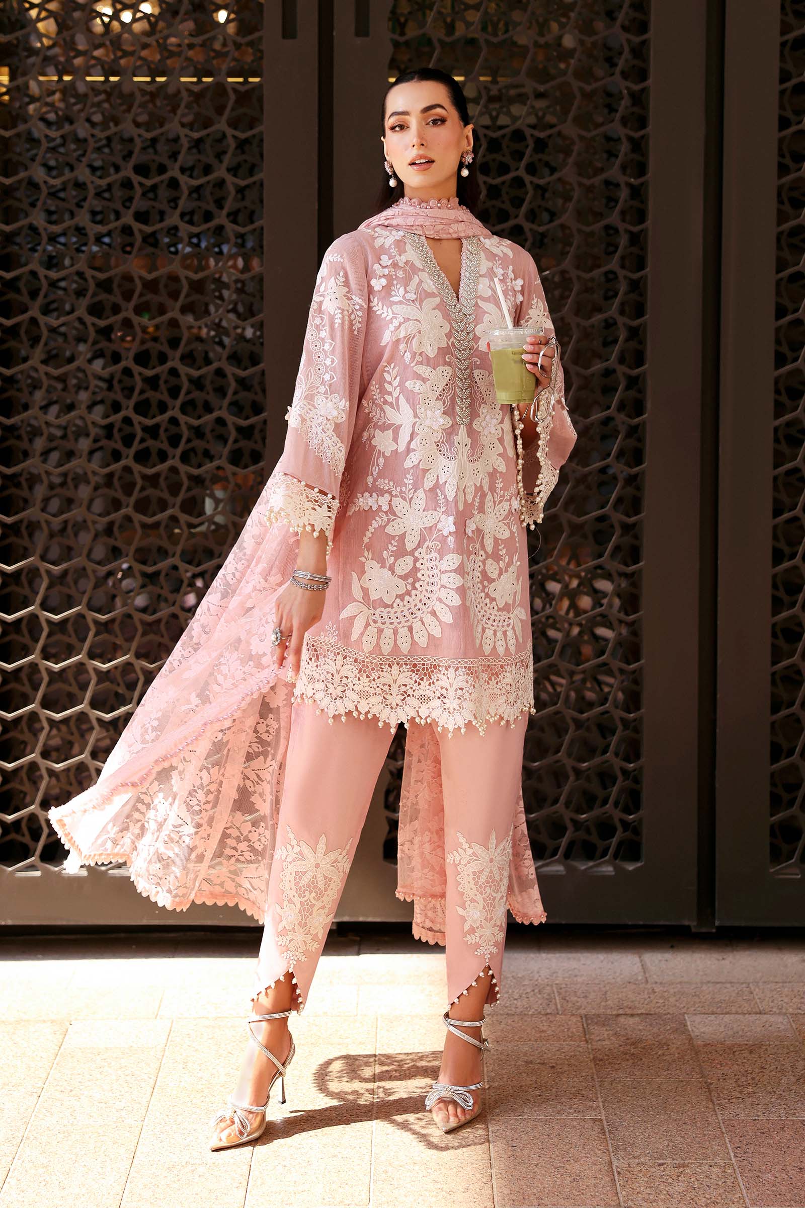 Women Wearing D-2603-A Pink Short Open Jacket For Luxury Events - Pakistani Designer Wear For Women In UK | Kifat