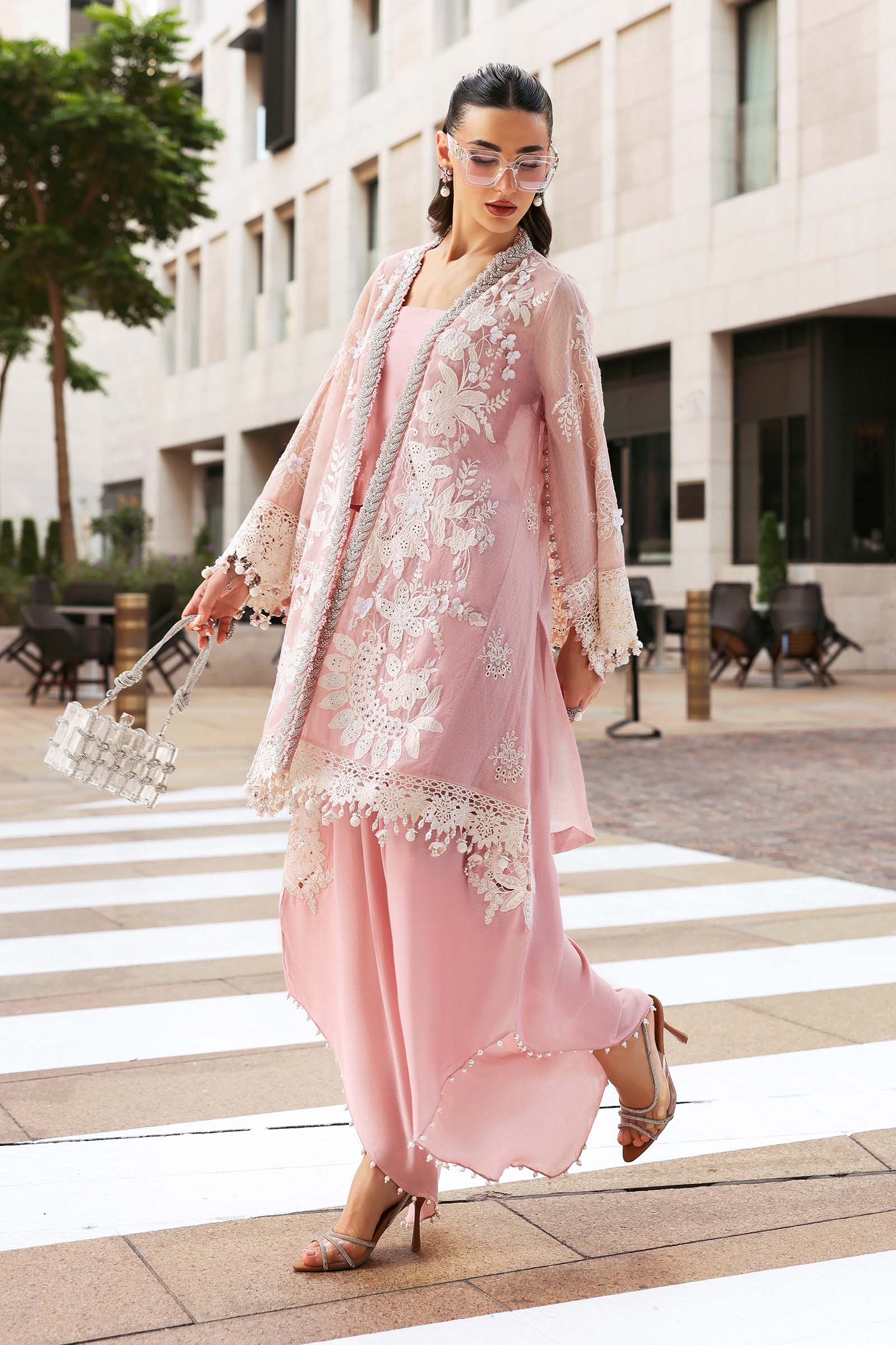 Women Wearing D-2603-A Pink Short Open Jacket For Luxury Events - Pakistani Designer Wear For Women In UK | Kifat