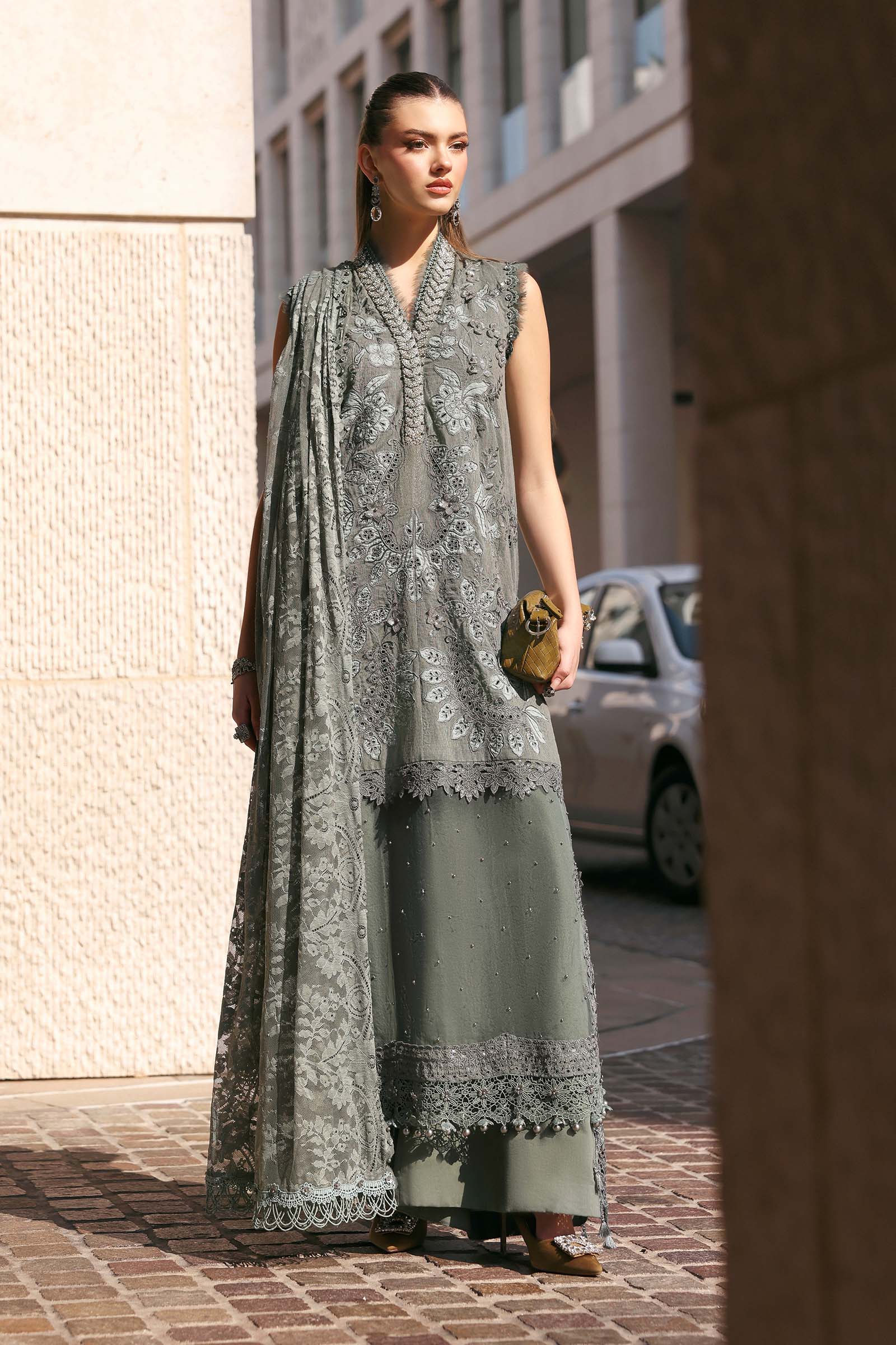 Women Wearing D-2603-B Light Pistachio Short Shirt For Luxury Events - Pakistani Designer Wear For Women In UK | Kifat