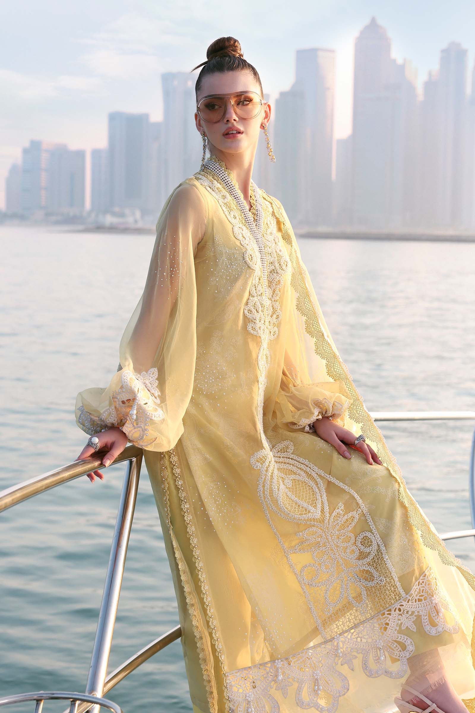 Women Wearing D-2604-A Pale Yellow Long Shirt For Luxury Events - Pakistani Designer Wear For Women In UK | Kifat