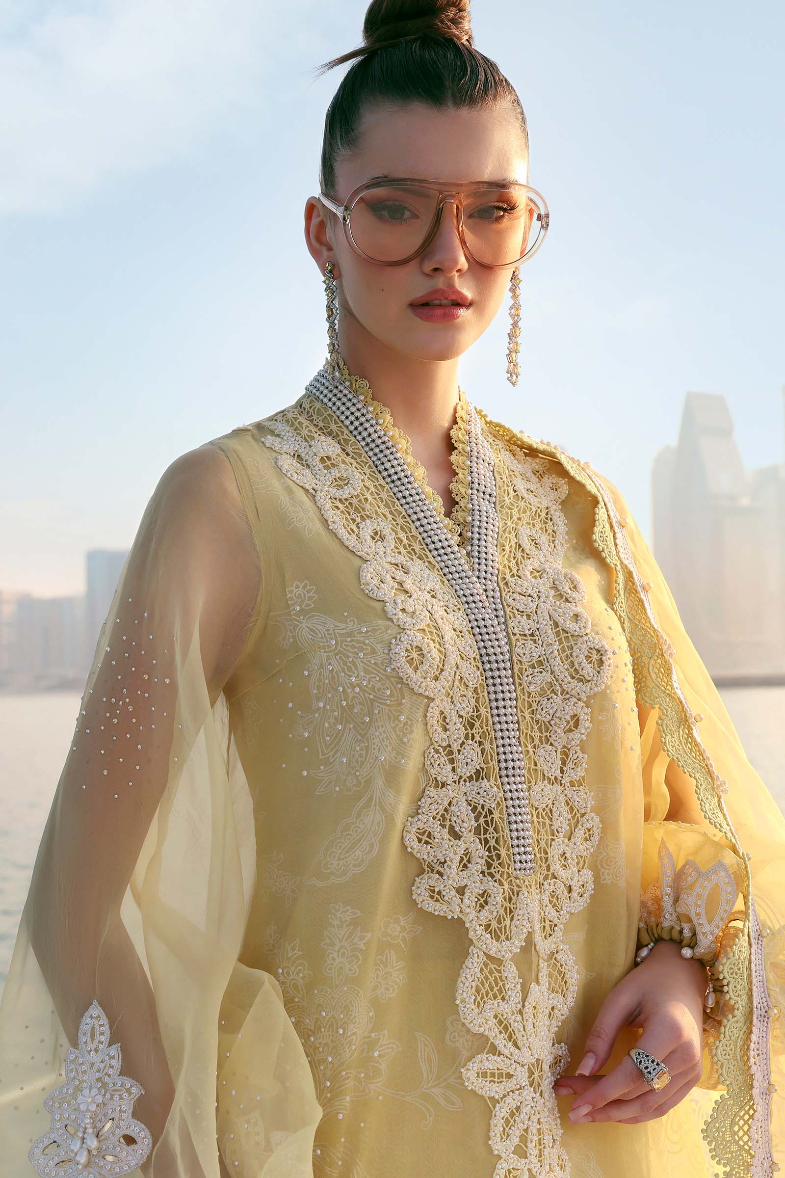 Women Wearing D-2604-A Pale Yellow Long Shirt For Luxury Events - Pakistani Designer Wear For Women In UK | Kifat