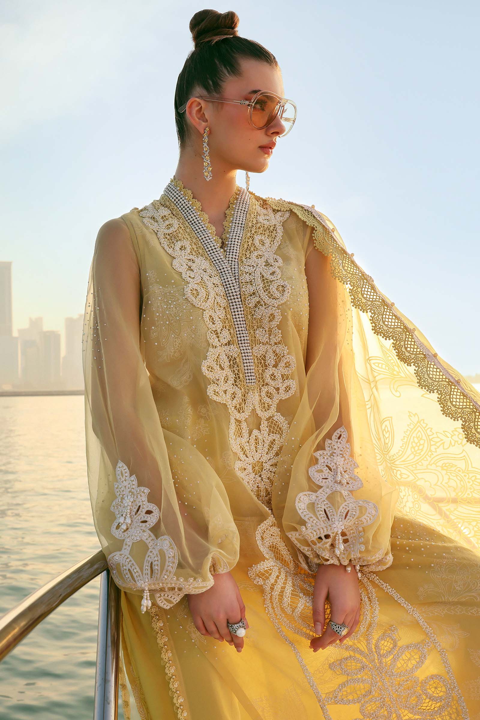 Women Wearing D-2604-A Pale Yellow Long Shirt For Luxury Events - Pakistani Designer Wear For Women In UK | Kifat