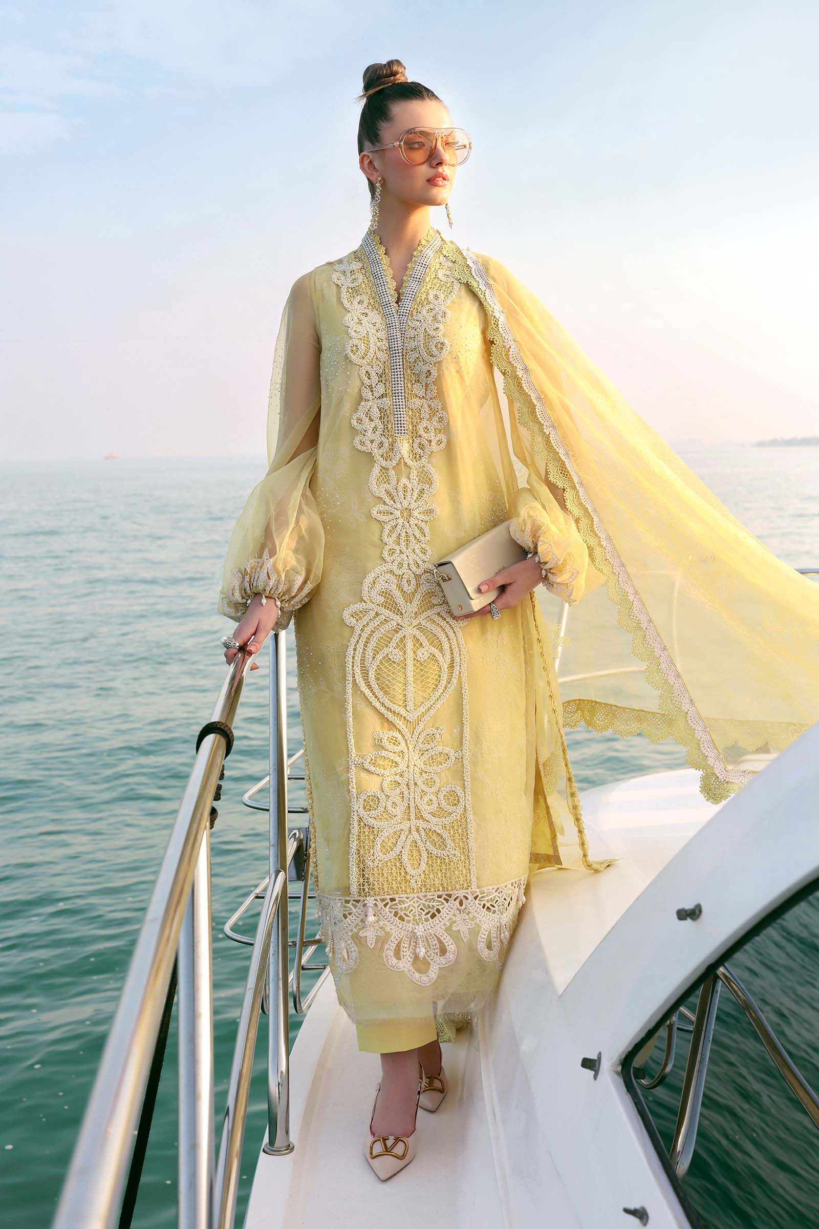 Women Wearing D-2604-A Pale Yellow Long Shirt For Luxury Events - Pakistani Designer Wear For Women In UK | Kifat