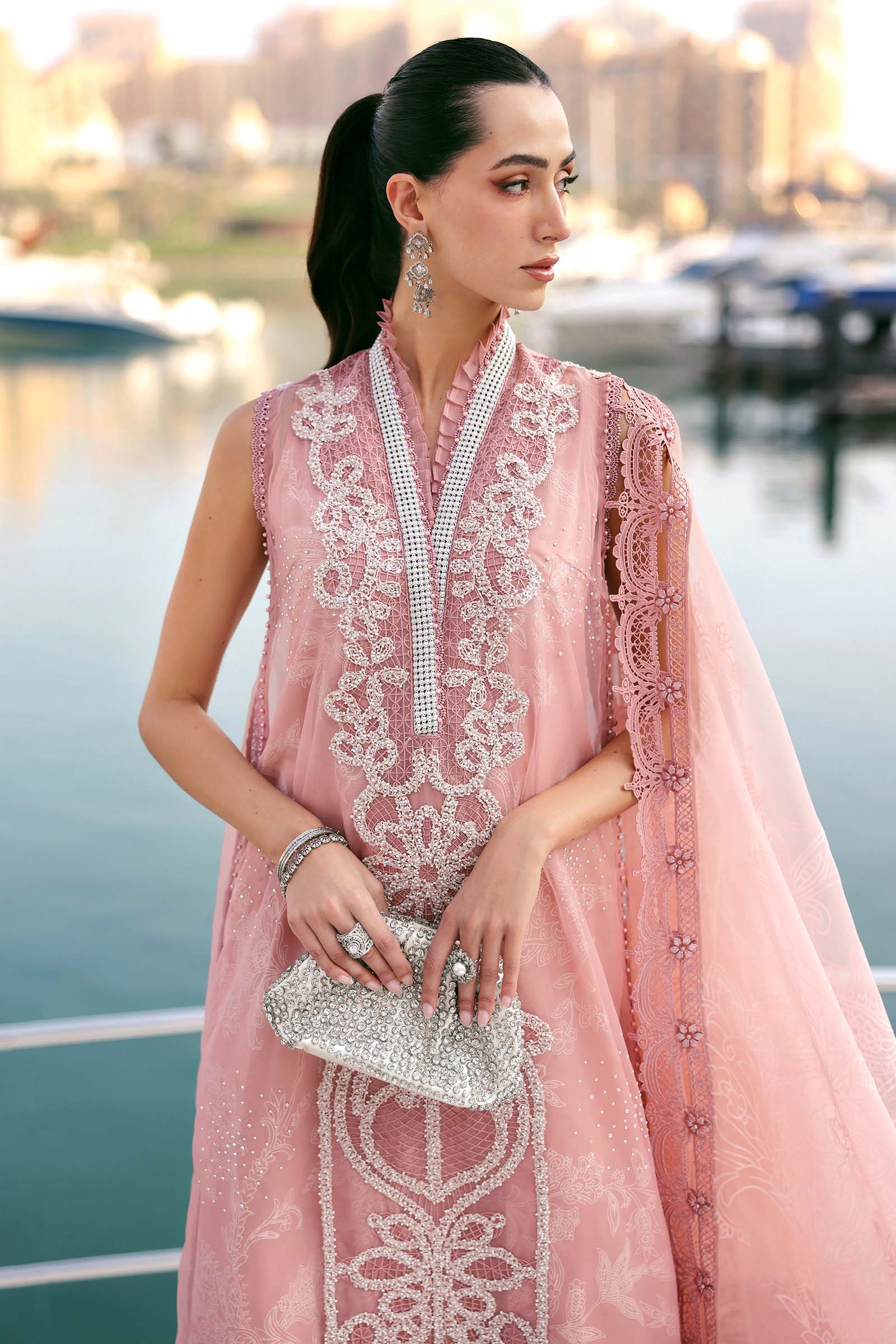 Women Wearing D-2604-B Pink Long Shirt For Luxury Events - Pakistani Designer Wear For Women In UK | Kifat
