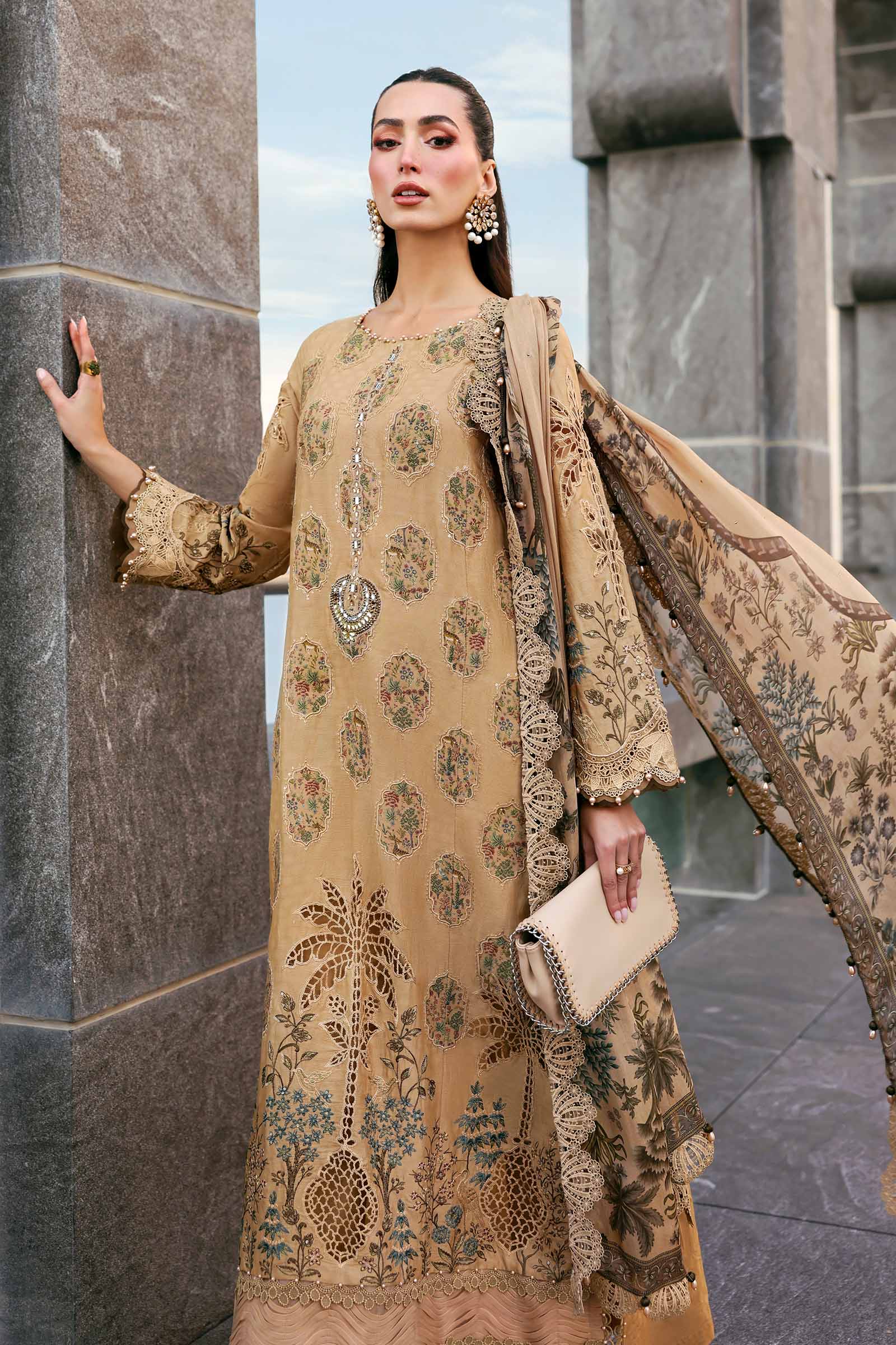 Women Wearing D-2605-A Beige Long Shirt For Luxury Events - Pakistani Designer Wear For Women In UK | Kifat