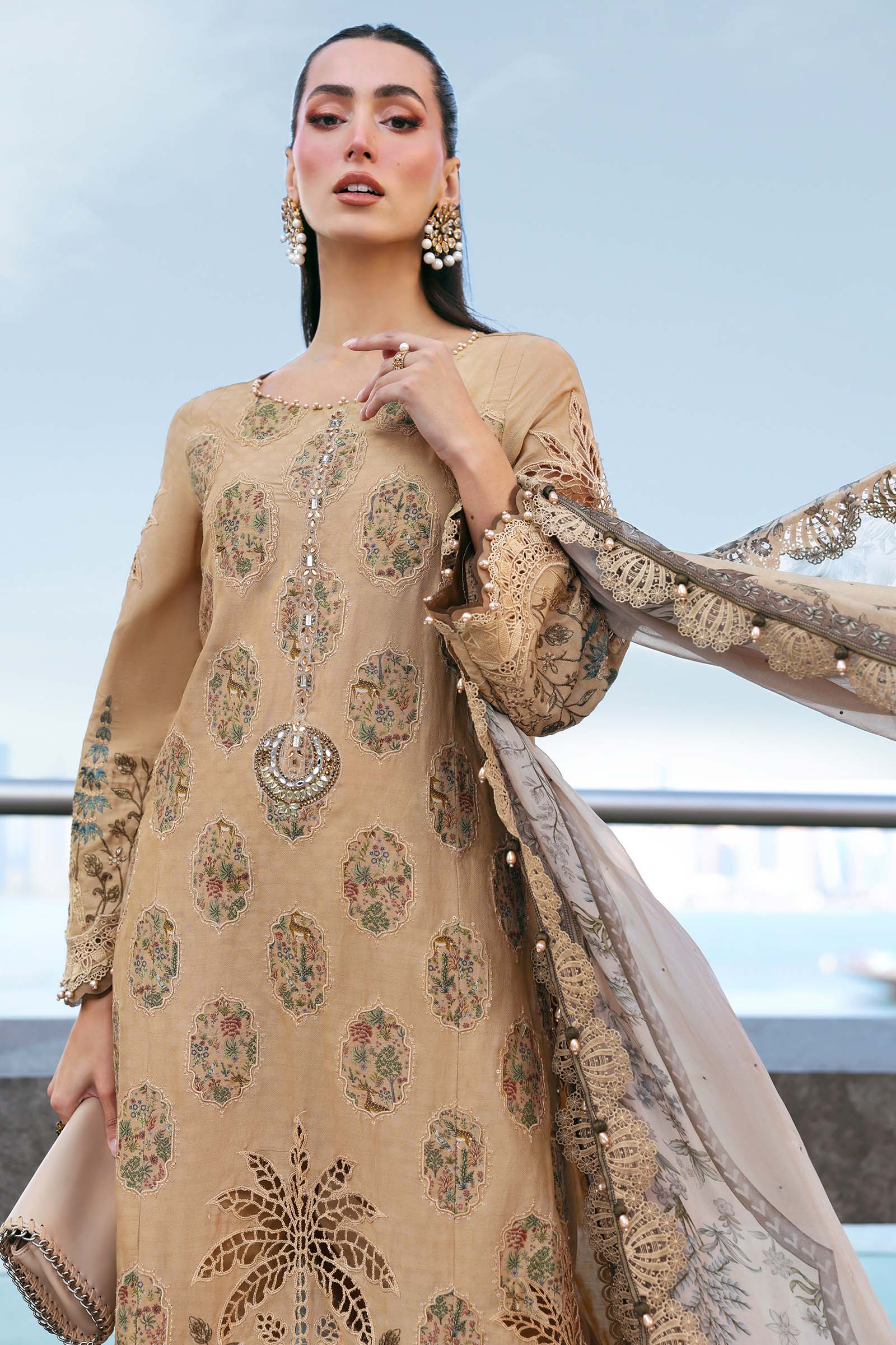 Women Wearing D-2605-A Beige Long Shirt For Luxury Events - Pakistani Designer Wear For Women In UK | Kifat