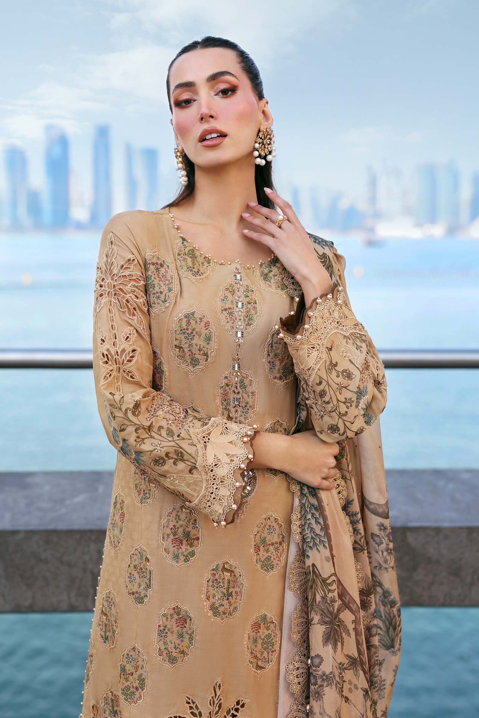 Women Wearing D-2605-A Beige Long Shirt For Luxury Events - Pakistani Designer Wear For Women In UK | Kifat