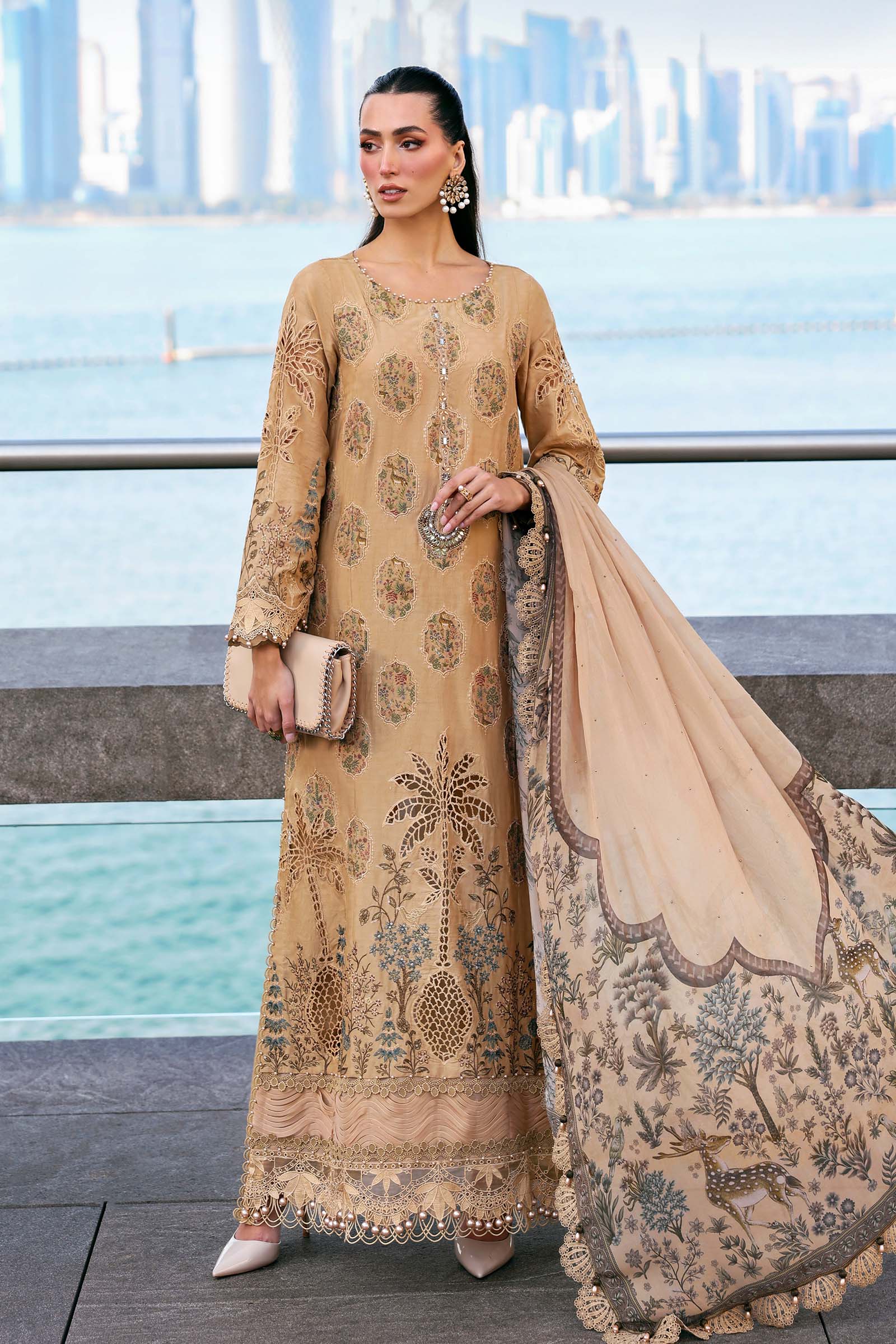 Women Wearing D-2605-A Beige Long Shirt For Luxury Events - Pakistani Designer Wear For Women In UK | Kifat