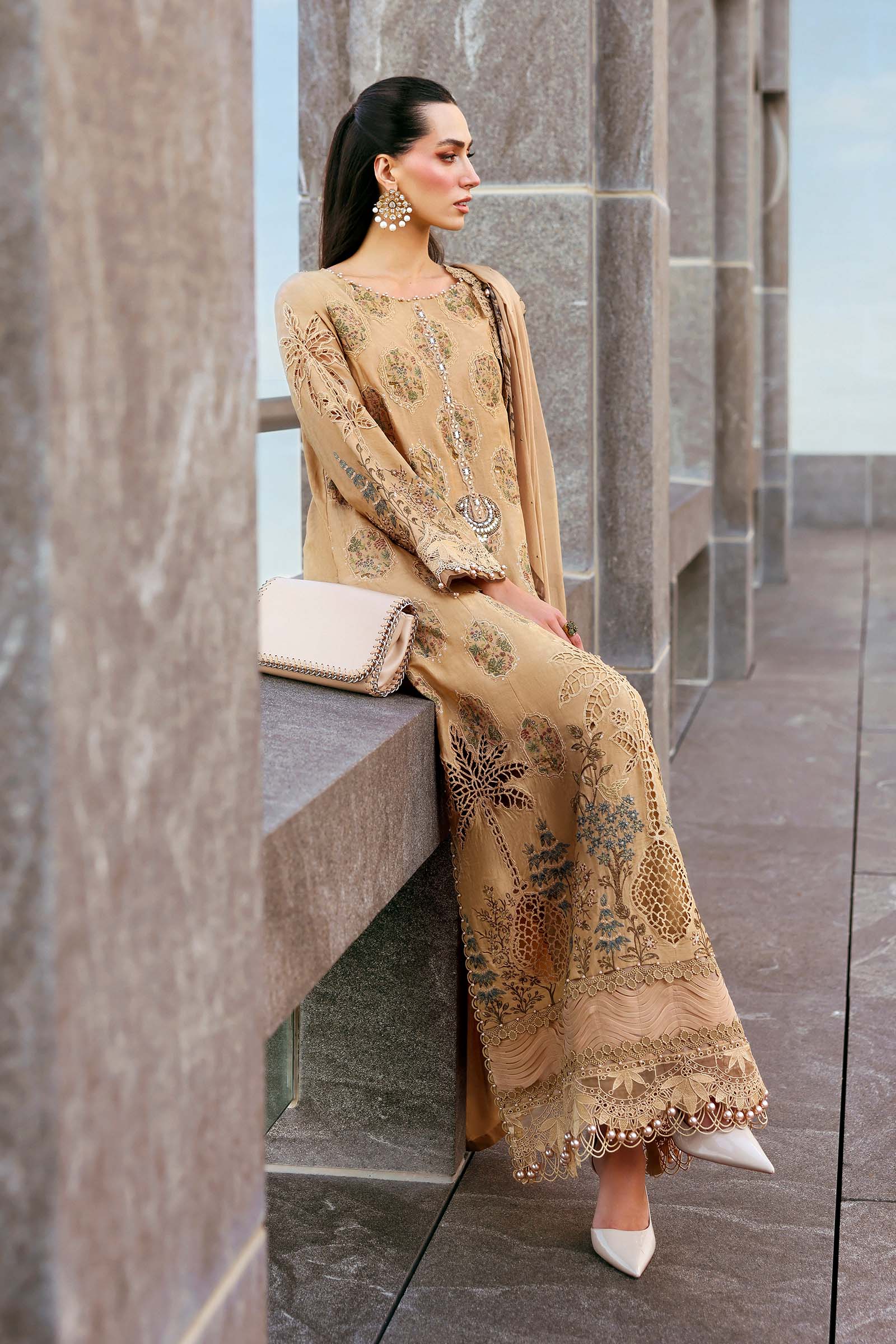 Women Wearing D-2605-A Beige Long Shirt For Luxury Events - Pakistani Designer Wear For Women In UK | Kifat