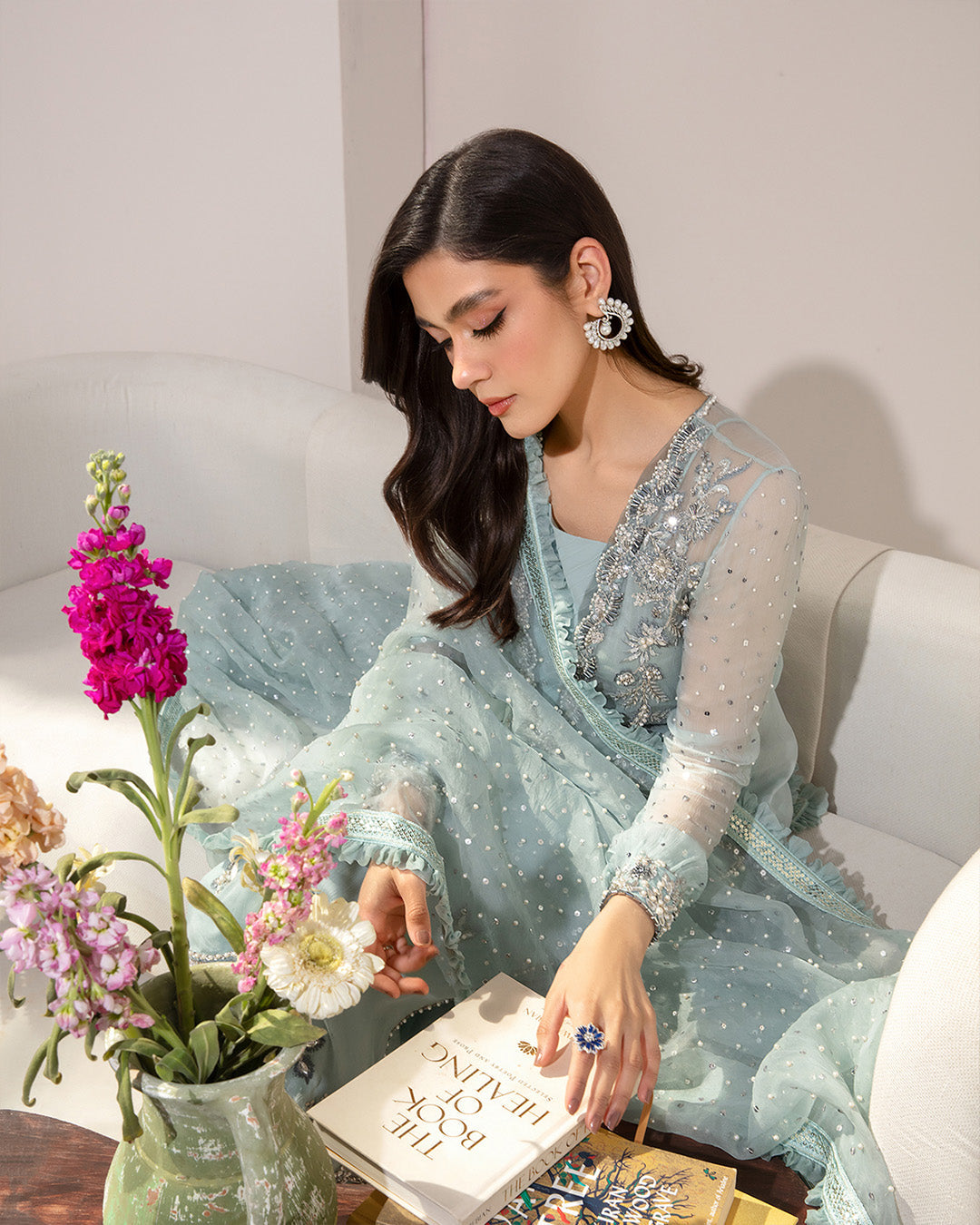Chiffon Embroidered Ice Blue Shirt with Trouser for Formal