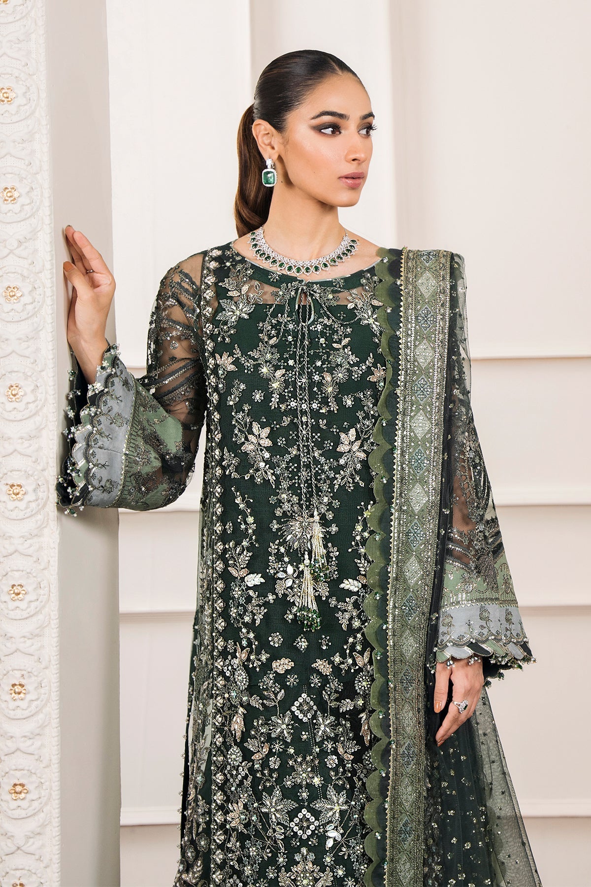 Baroque CH12-05 Green Long Shirt with Sharara,Slit Shirt with Crushed Sharara for Formal Events - Pakistani Designer Wear for Women in UK | Kifat