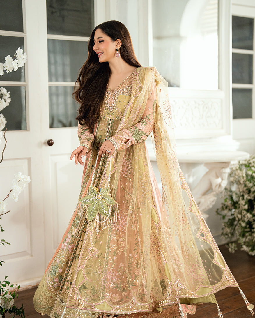 Women Wearing Sur Sunehri Lime yellow Front Open Long Shirt for Festive Events - Pakistani Designer Wear for Women in UK | Kifat