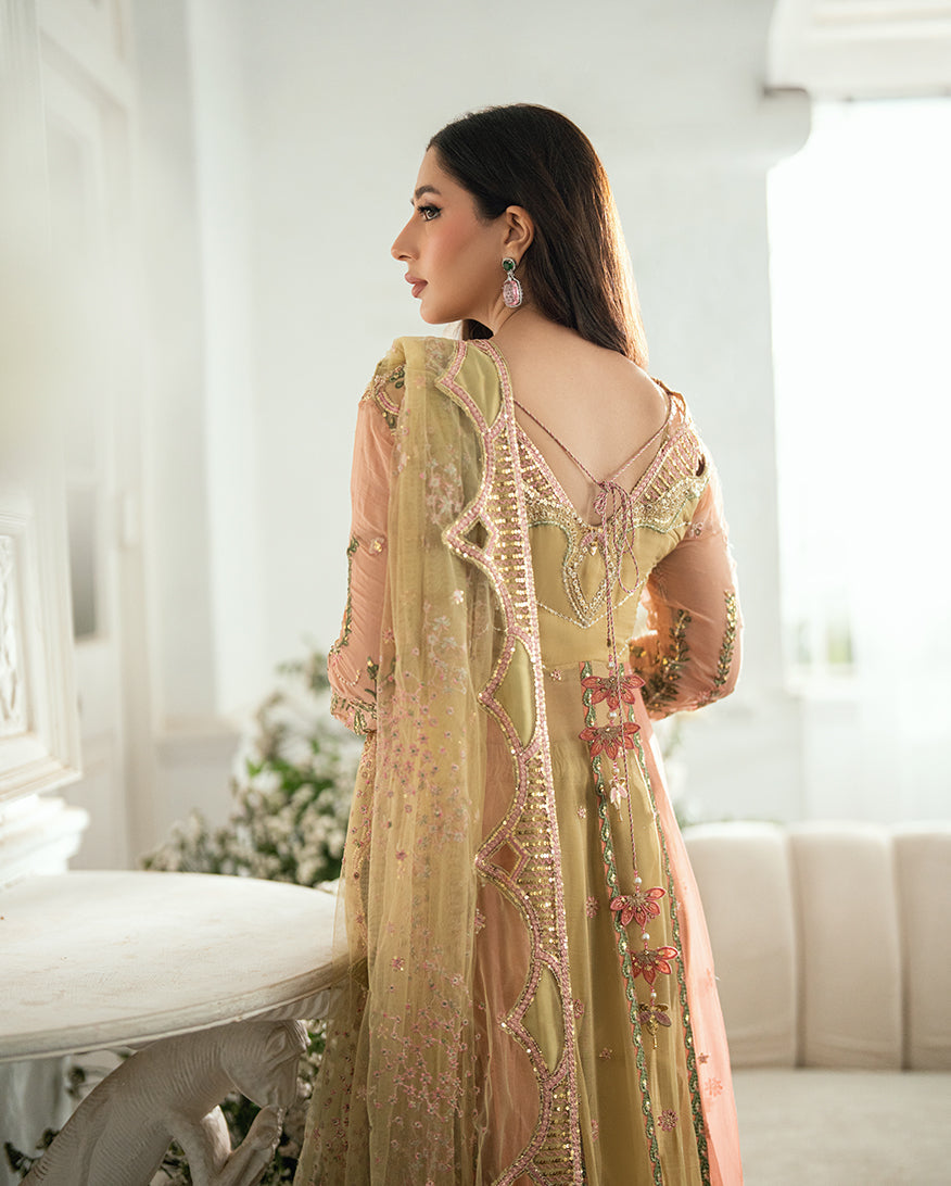 Women Wearing Sur Sunehri Lime yellow Front Open Long Shirt for Festive Events - Pakistani Designer Wear for Women in UK | Kifat