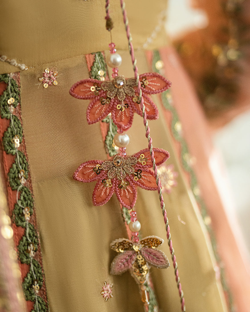 Women Wearing Sur Sunehri Lime yellow Front Open Long Shirt for Festive Events - Pakistani Designer Wear for Women in UK | Kifat