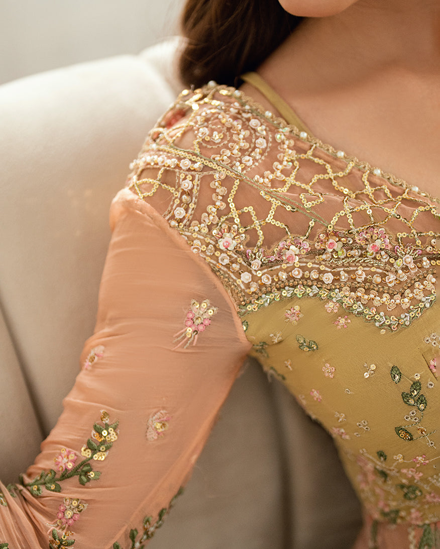 Women Wearing Sur Sunehri Lime yellow Front Open Long Shirt for Festive Events - Pakistani Designer Wear for Women in UK | Kifat