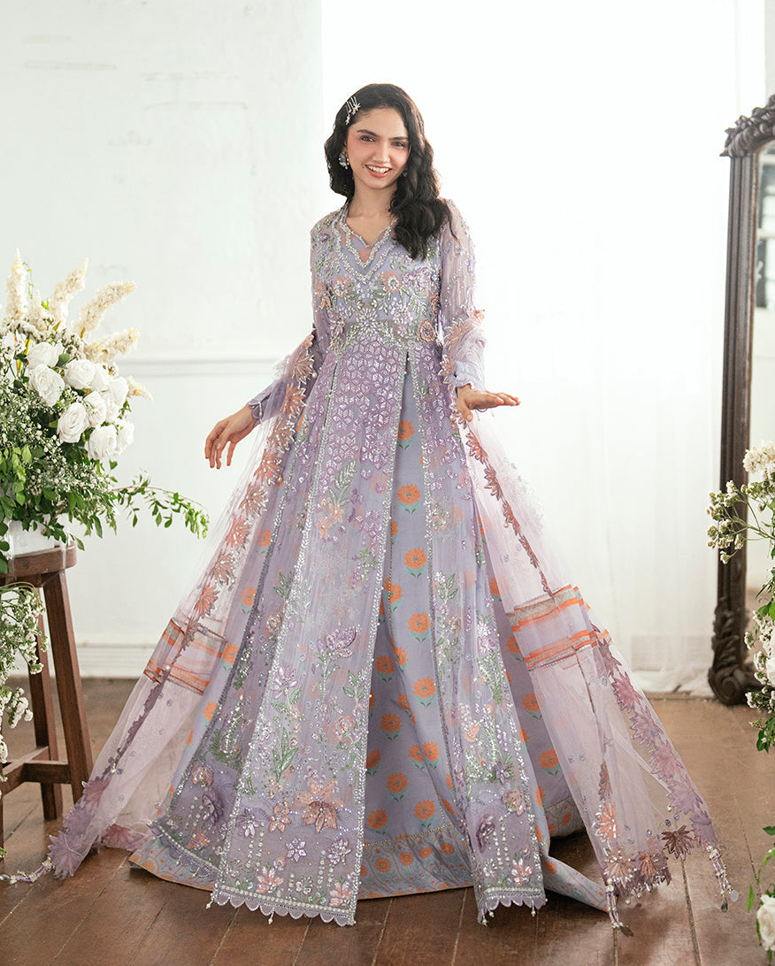 Women Wearing Rangeela Raag Lavender Front Open Long Shirt for Festive Events - Pakistani Designer Wear for Women in UK | Kifat