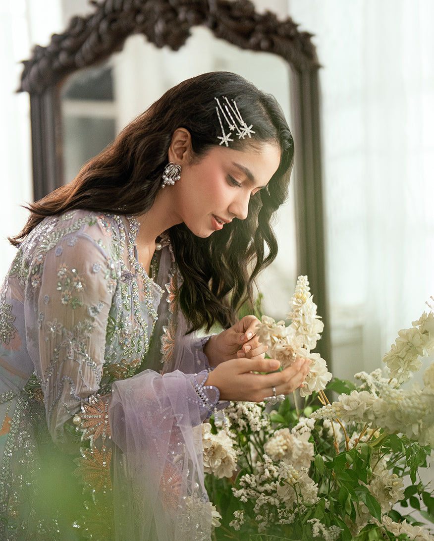 Women Wearing Rangeela Raag Lavender Front Open Long Shirt for Festive Events - Pakistani Designer Wear for Women in UK | Kifat