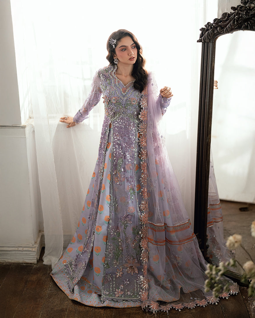 Women Wearing Rangeela Raag Lavender Front Open Long Shirt for Festive Events - Pakistani Designer Wear for Women in UK | Kifat