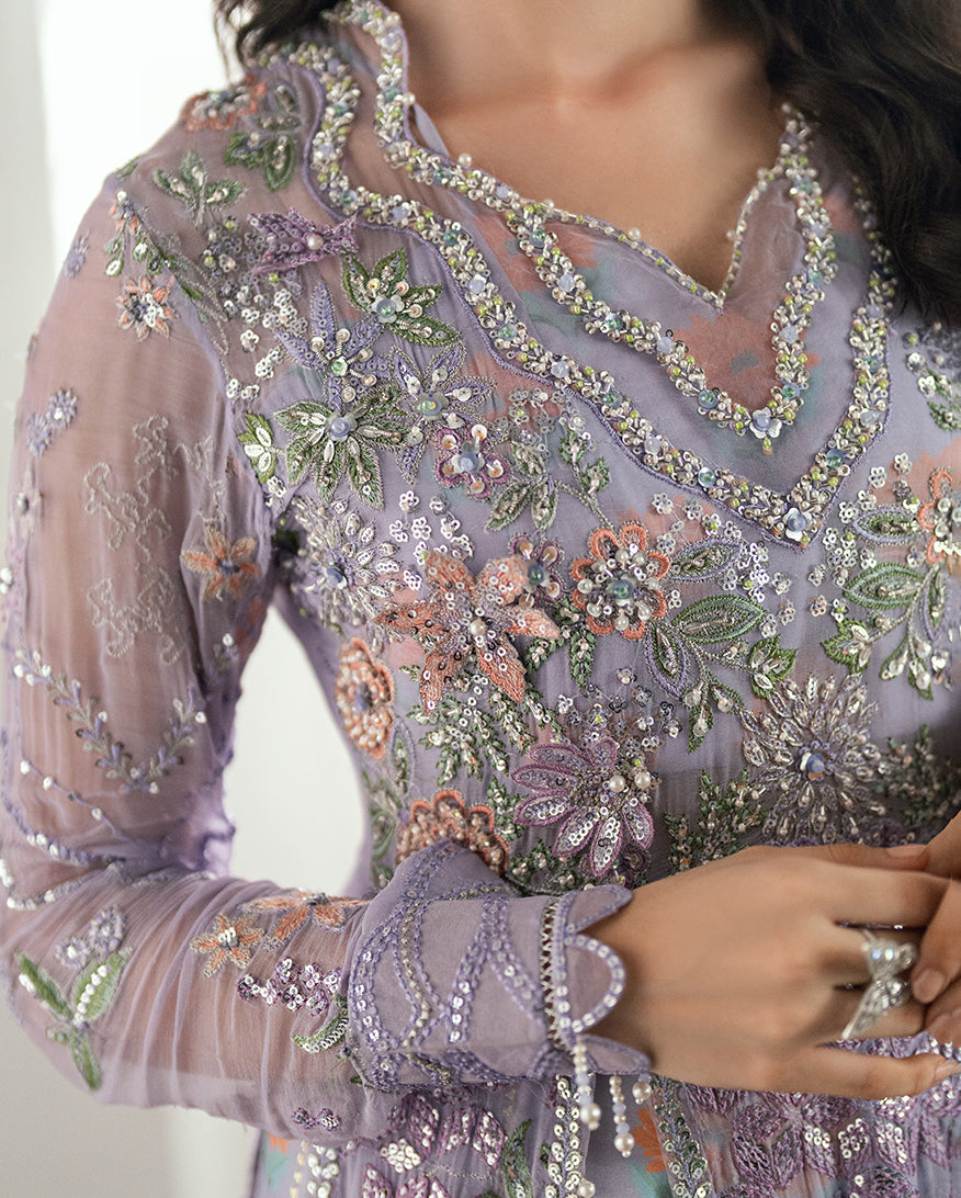Women Wearing Rangeela Raag Lavender Front Open Long Shirt for Festive Events - Pakistani Designer Wear for Women in UK | Kifat