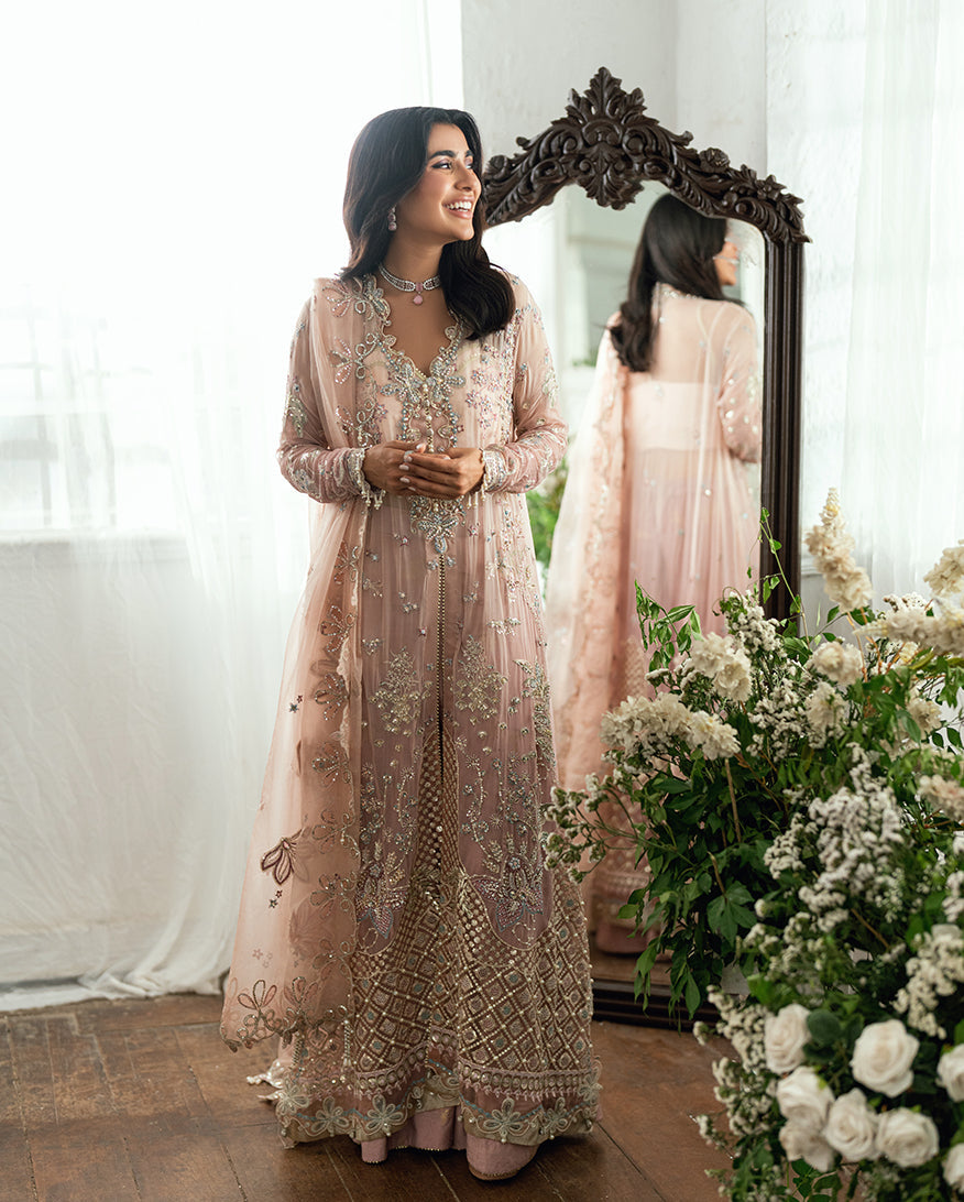 Women Wearing Shehnai Pink Long Shirt for Festive Events - Pakistani Designer Wear for Women in UK | Kifat