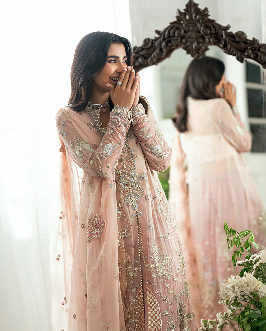 Women Wearing Shehnai Pink Long Shirt for Festive Events - Pakistani Designer Wear for Women in UK | Kifat